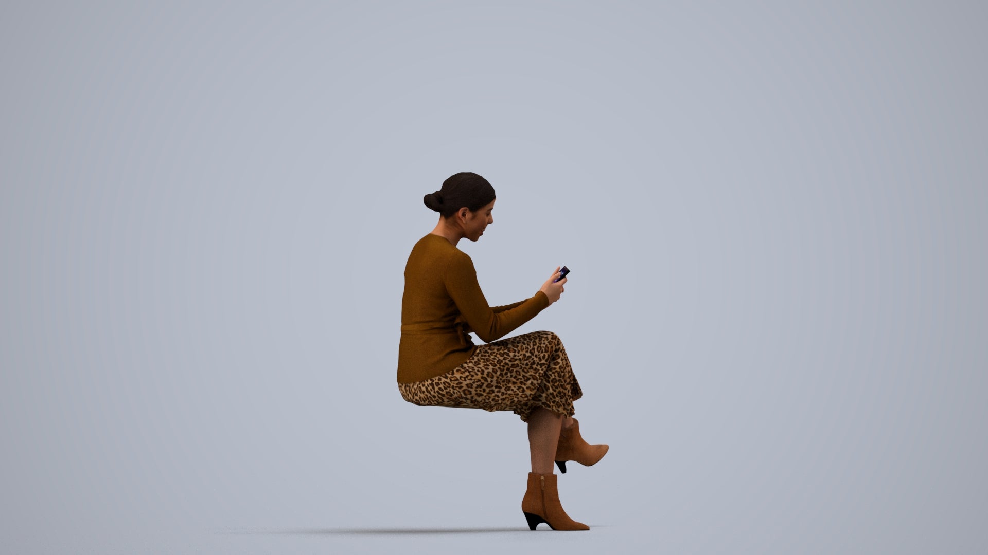 scanned 3D woman casual sitting, photogrammetry people for Enscape and V-Ray, side view render