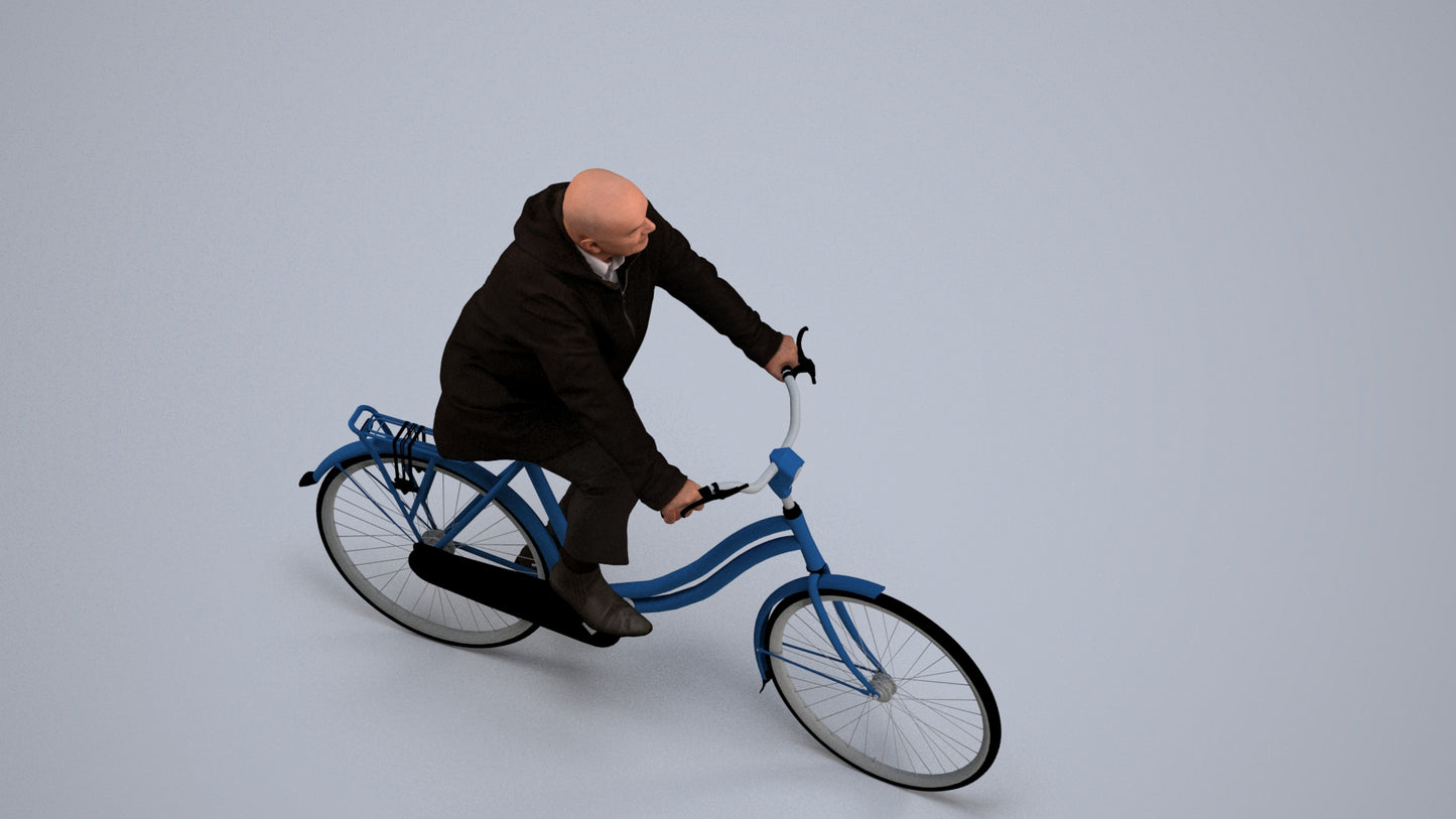 realistic 3D human senior man business cycling, archviz people FBX OBJ for Blender, back view render