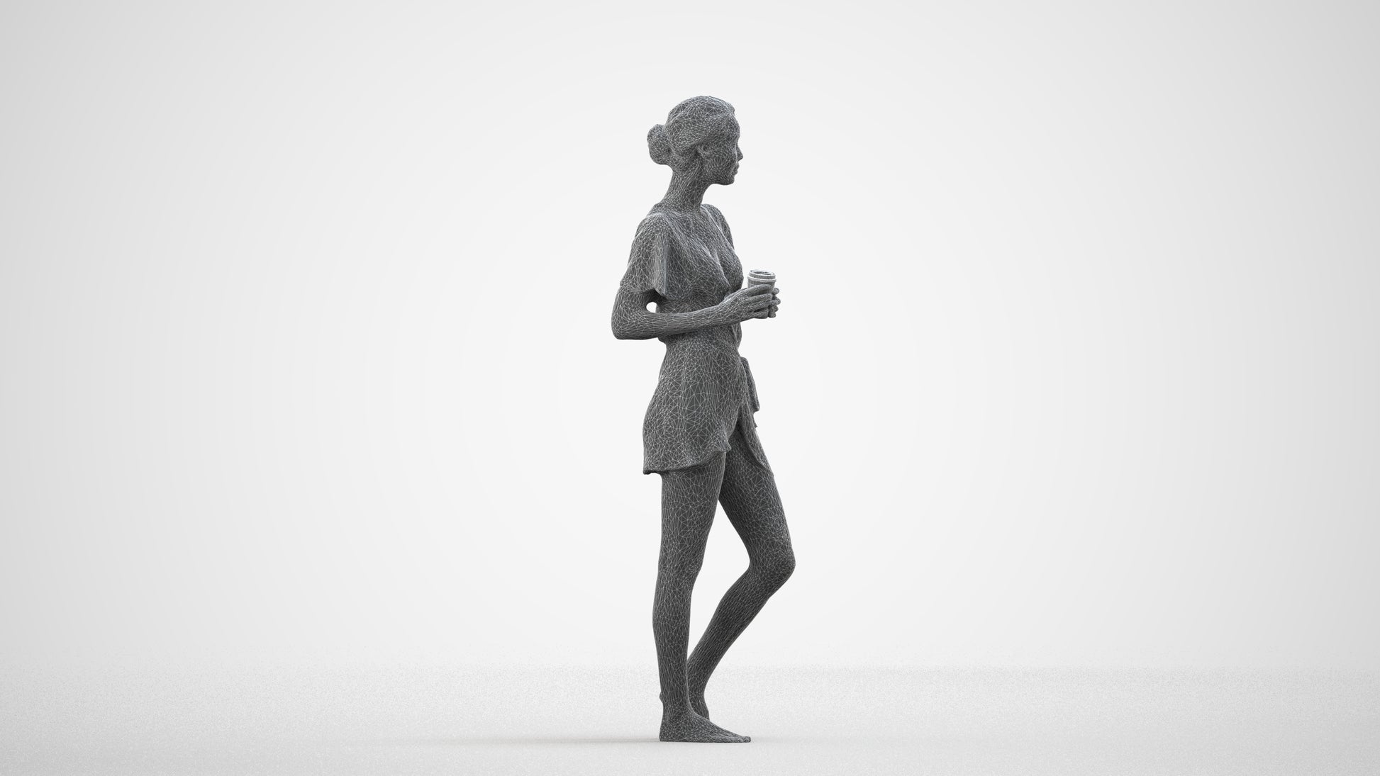 3D people model woman bathroom, scanned human for 3ds Max rendering, wireframe side view