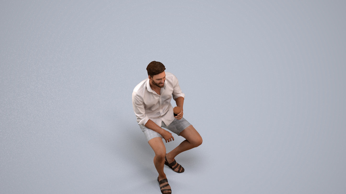 photogrammetry 3D man casual sitting, realistic human model archviz FBX, back view render