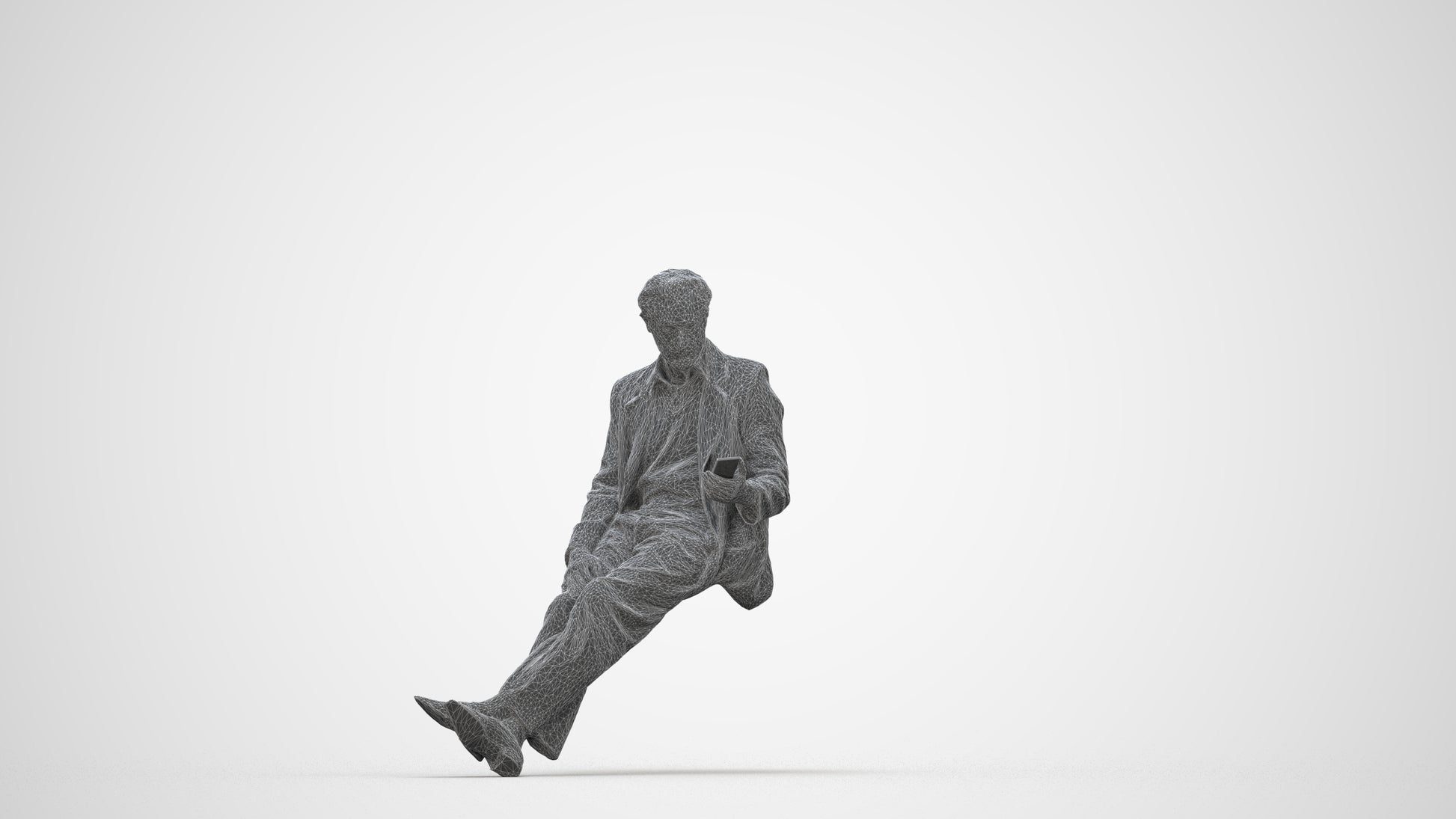 realistic 3D senior man business sitting, scanned archviz people for Blender and 3ds Max, wireframe back view