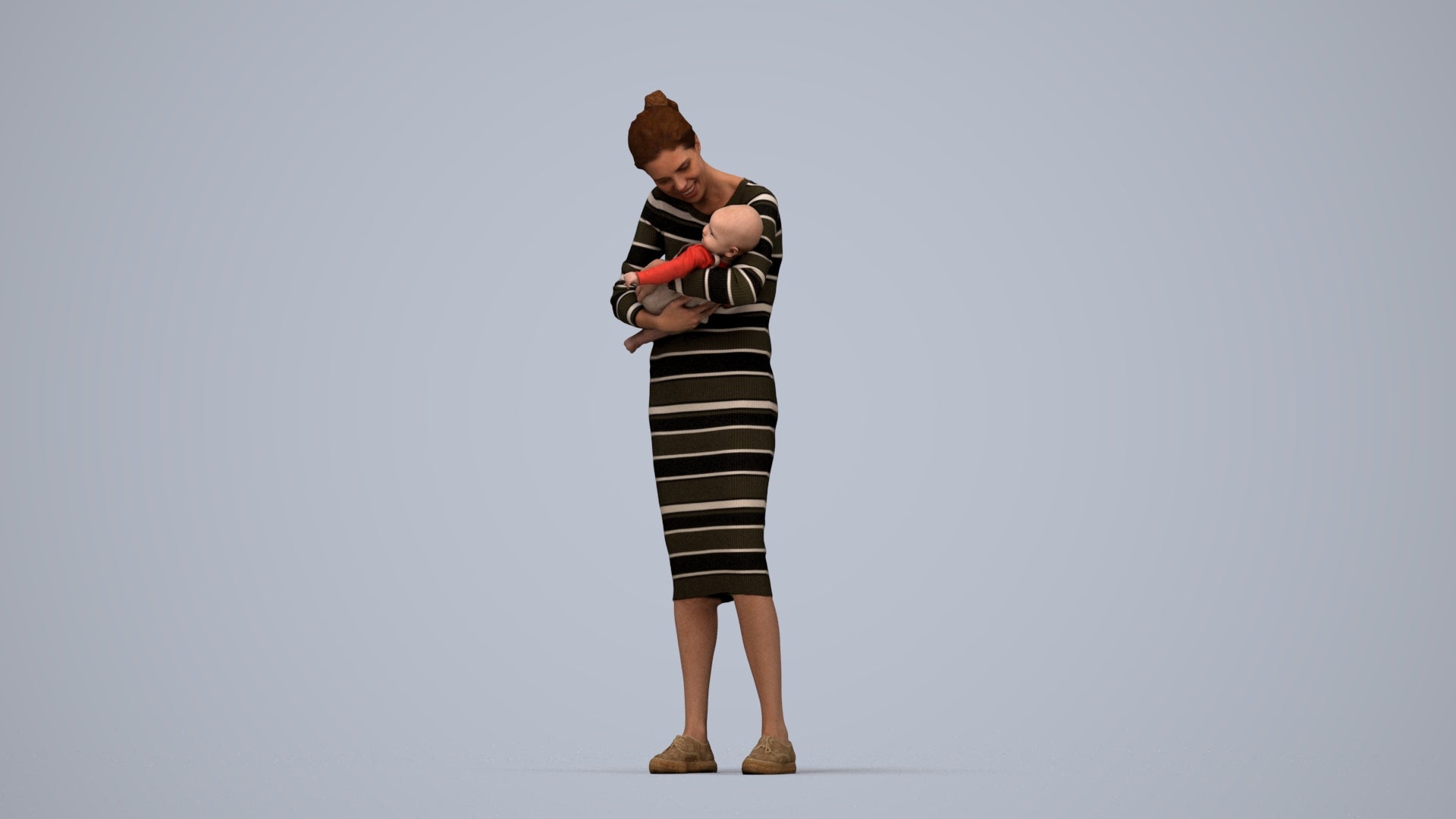 3D human model girl casual kids, photogrammetry scanned person for archviz, top-down view render