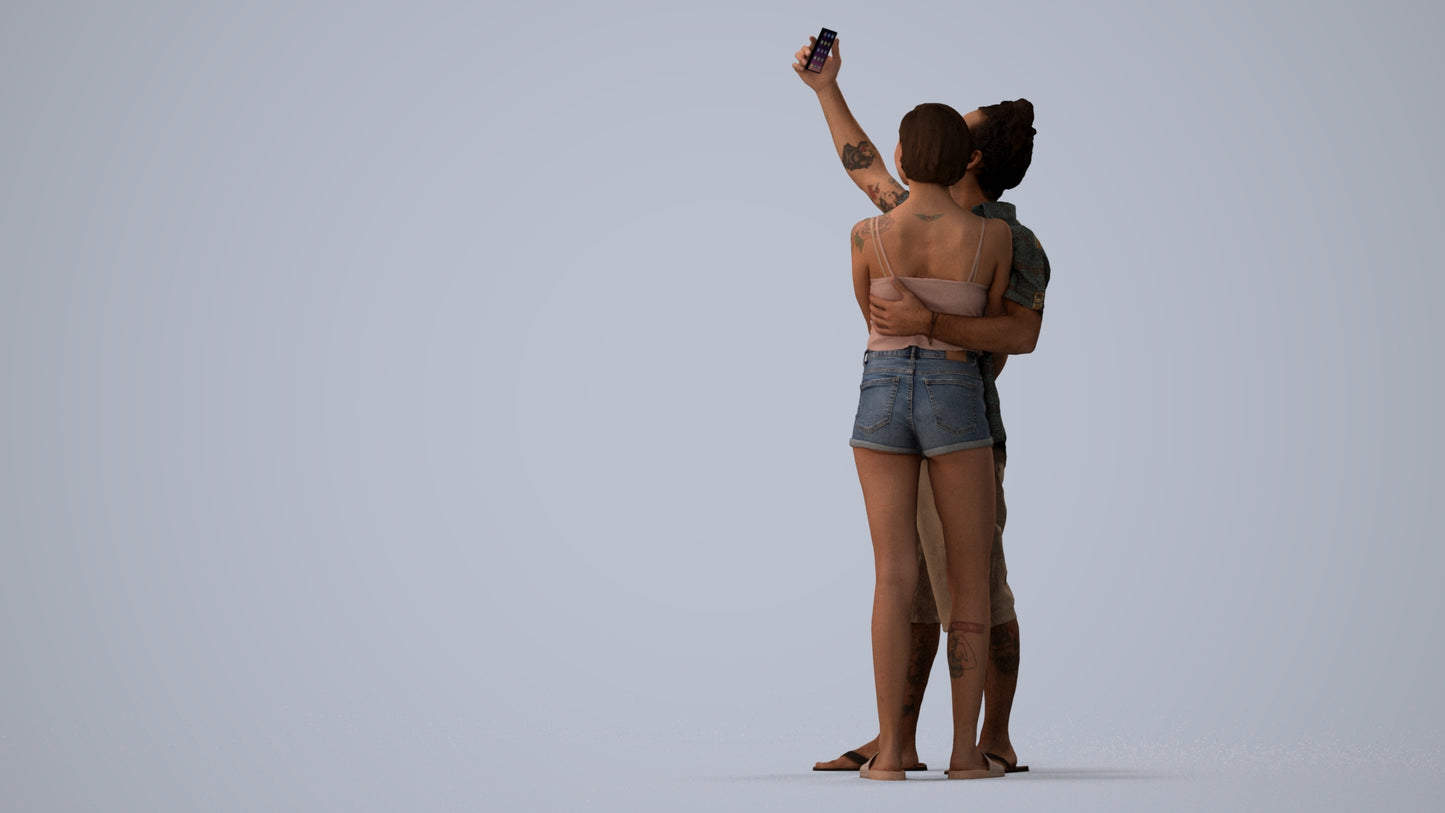 3D human model woman couple, photogrammetry scanned person for archviz, three-quarter view render