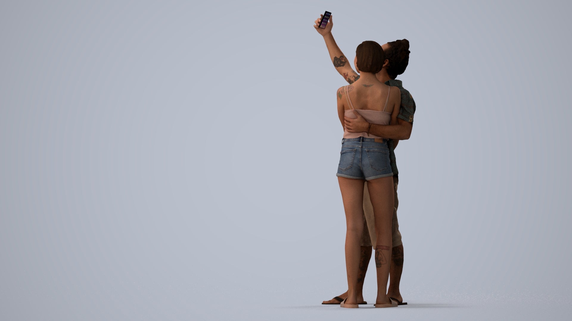 3D human model woman couple, photogrammetry scanned person for archviz, three-quarter view render