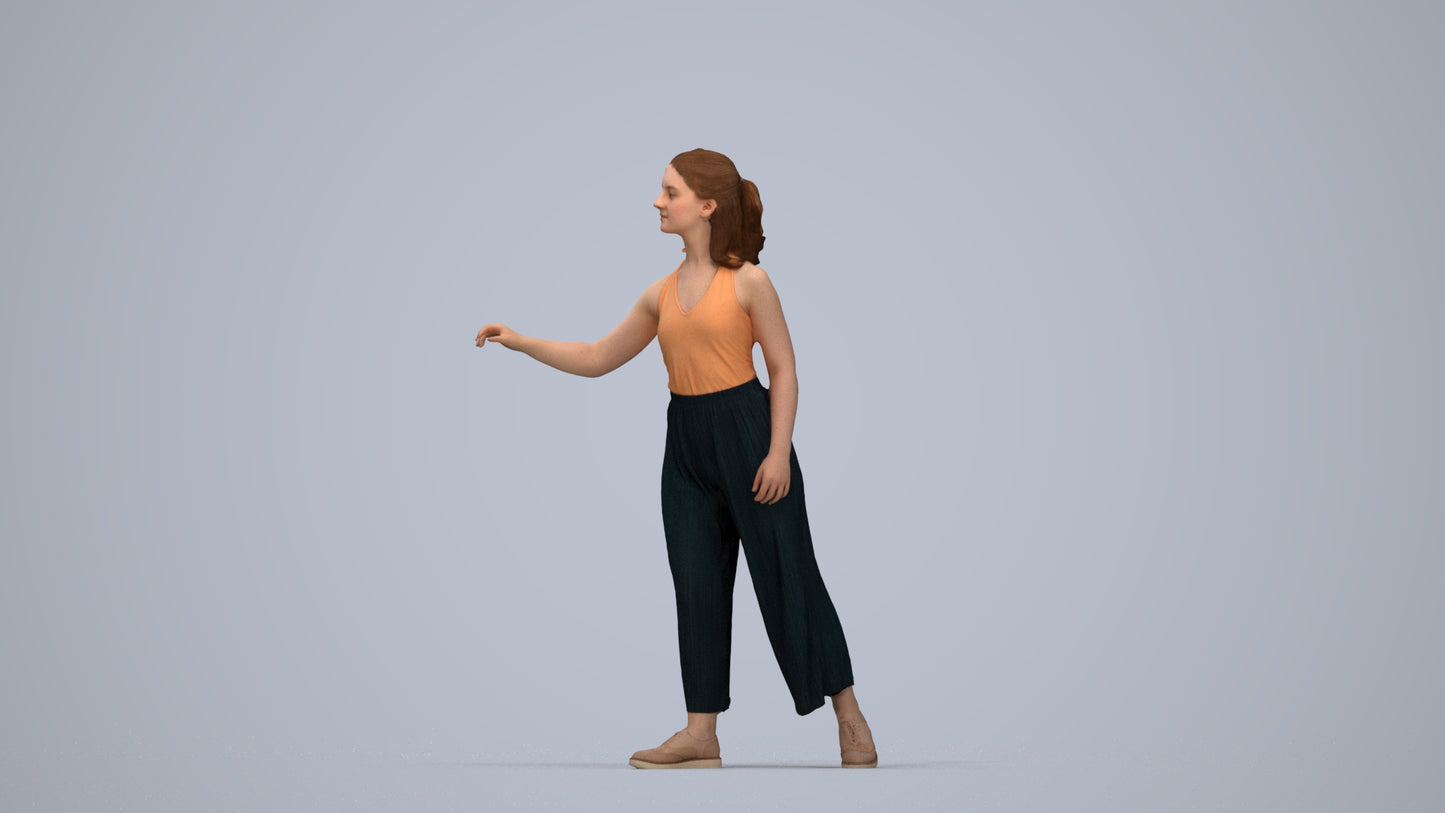3D human model girl casual door, photogrammetry scanned person for archviz, top-down view render