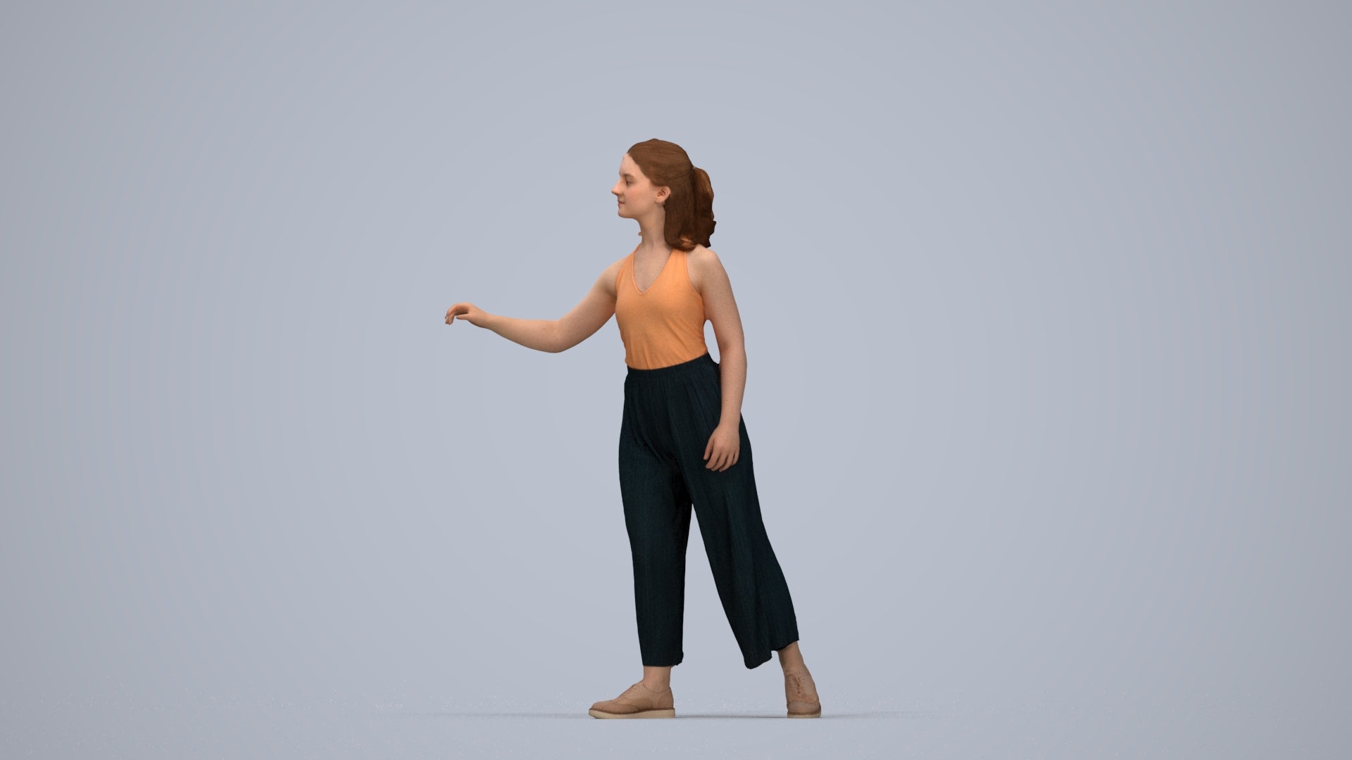 3D human model girl casual door, photogrammetry scanned person for archviz, top-down view render