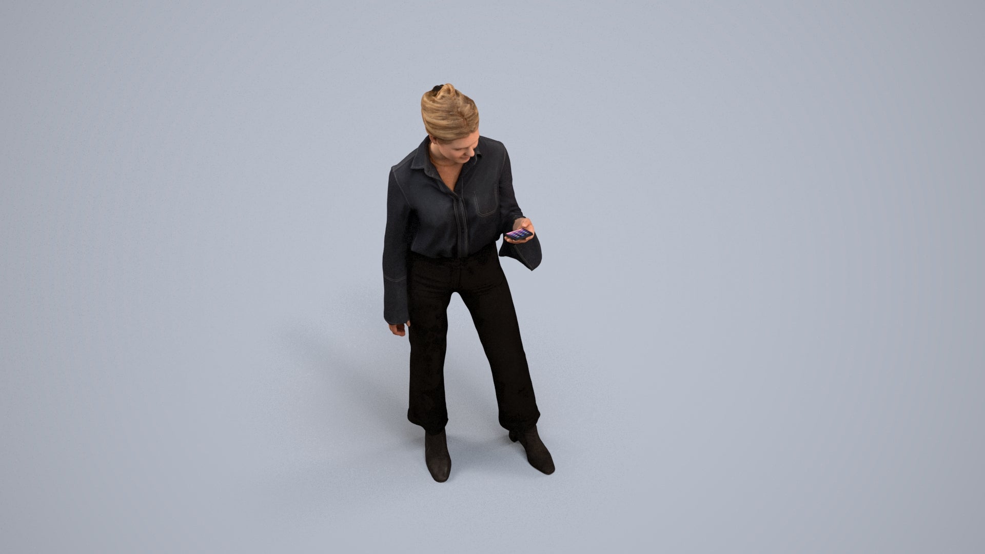 realistic 3D woman business standing, scanned archviz people for Blender and 3ds Max, back view render