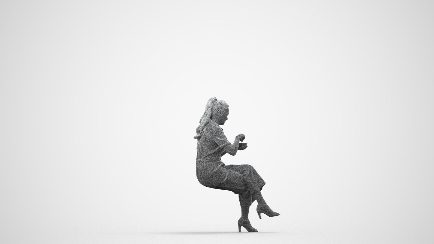 3D scanned woman sitting casual, photorealistic archviz people for Enscape and SketchUp, wireframe side view