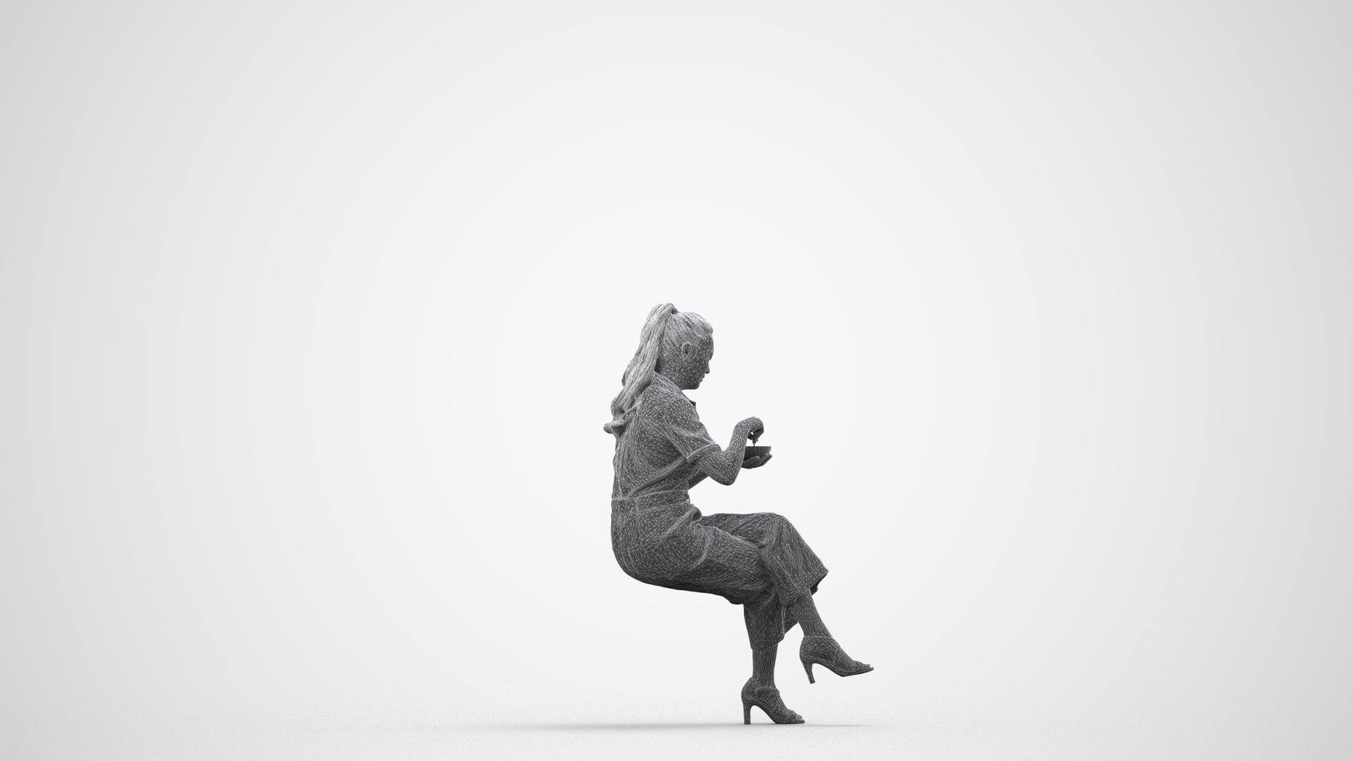 3D scanned woman sitting casual, photorealistic archviz people for Enscape and SketchUp, wireframe side view
