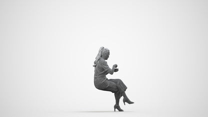3D scanned woman sitting casual, photorealistic archviz people for Enscape and SketchUp, wireframe side view