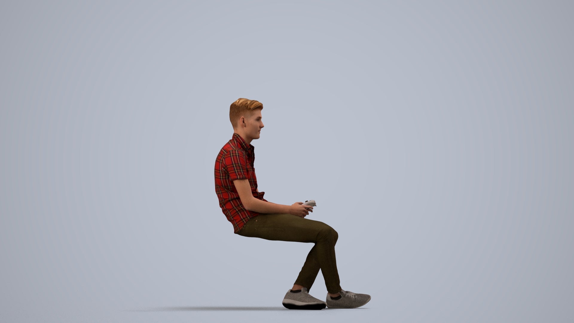 realistic 3D human man casual sitting, archviz people FBX OBJ for Blender, side view render