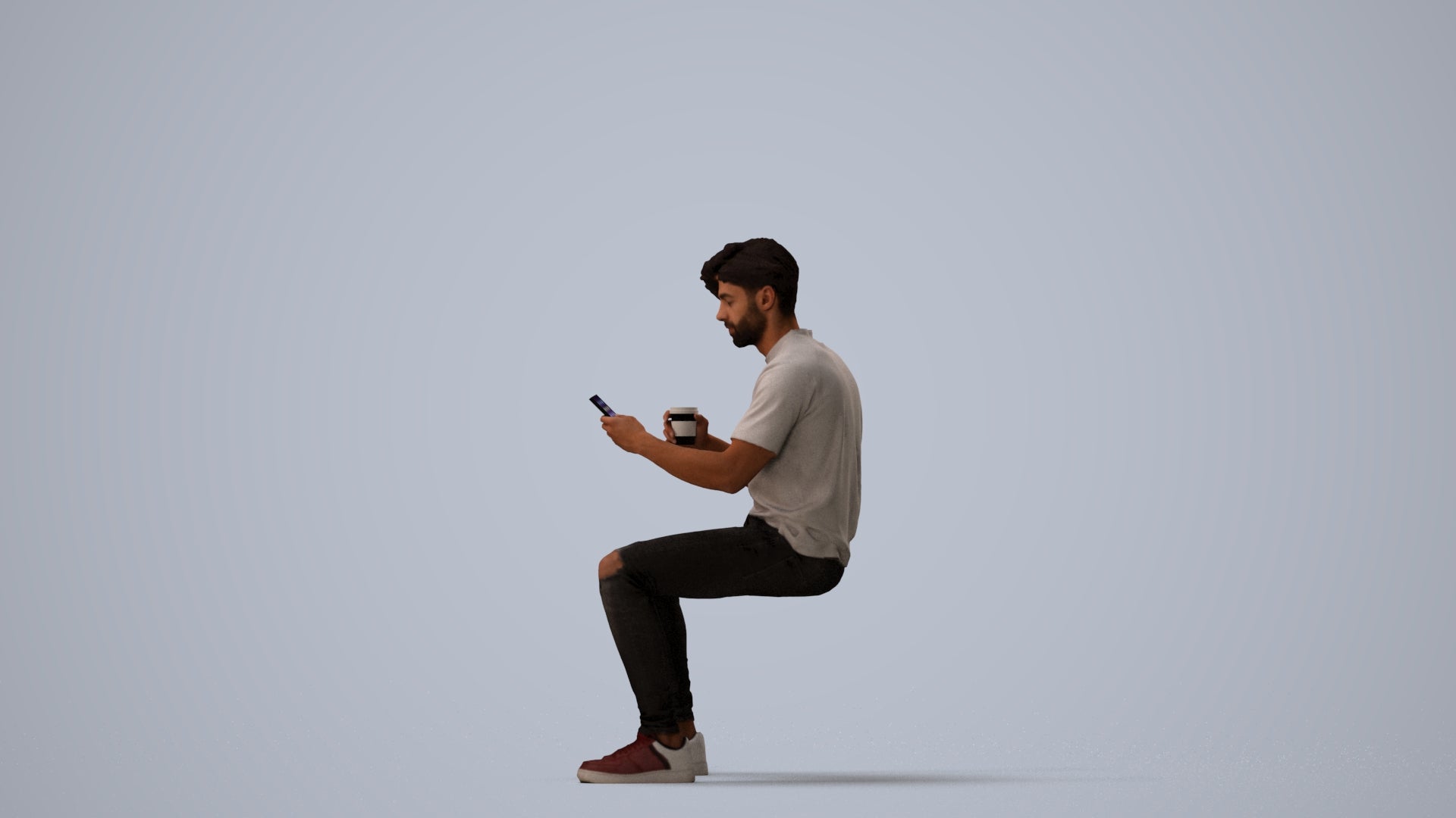 3D human model man casual sitting, photogrammetry scanned person for archviz, three-quarter view render
