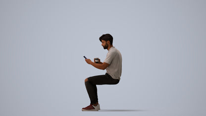 3D human model man casual sitting, photogrammetry scanned person for archviz, three-quarter view render