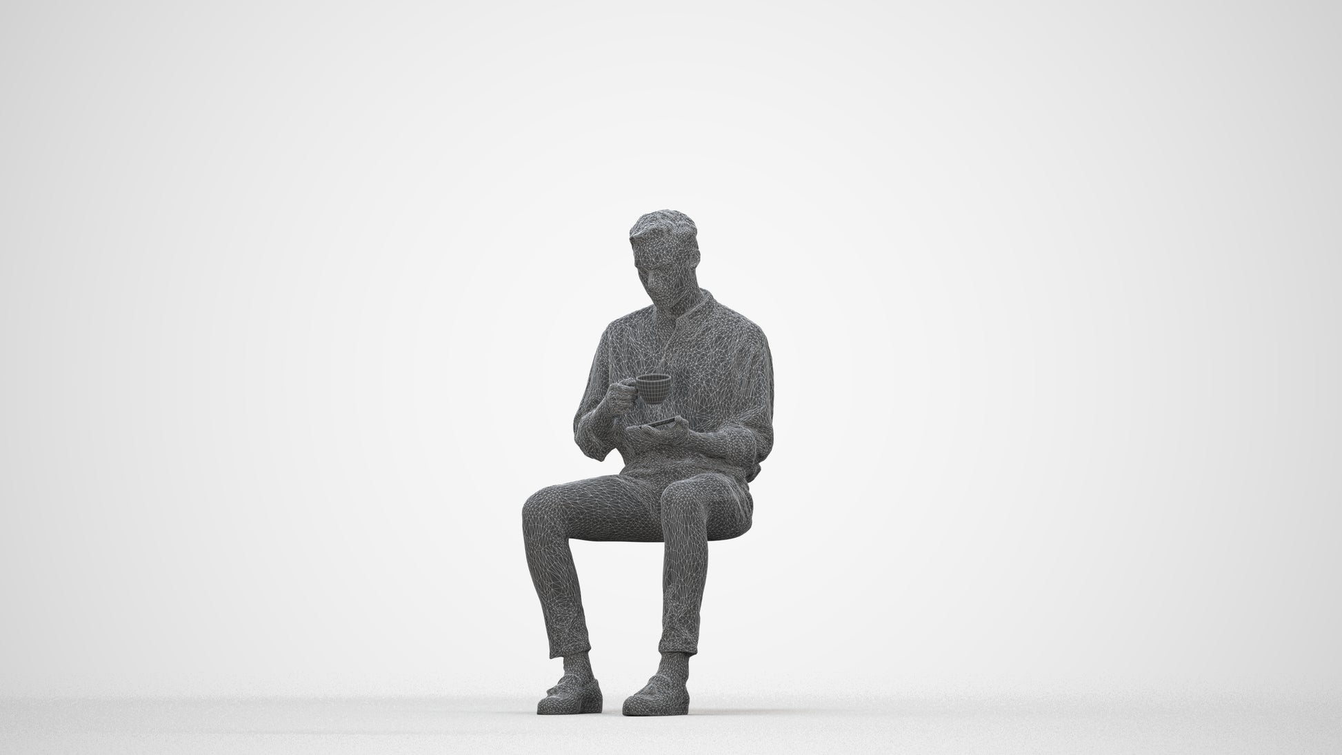 realistic 3D people man casual sitting, render-ready for V-Ray and Corona, FBX OBJ, wireframe back view