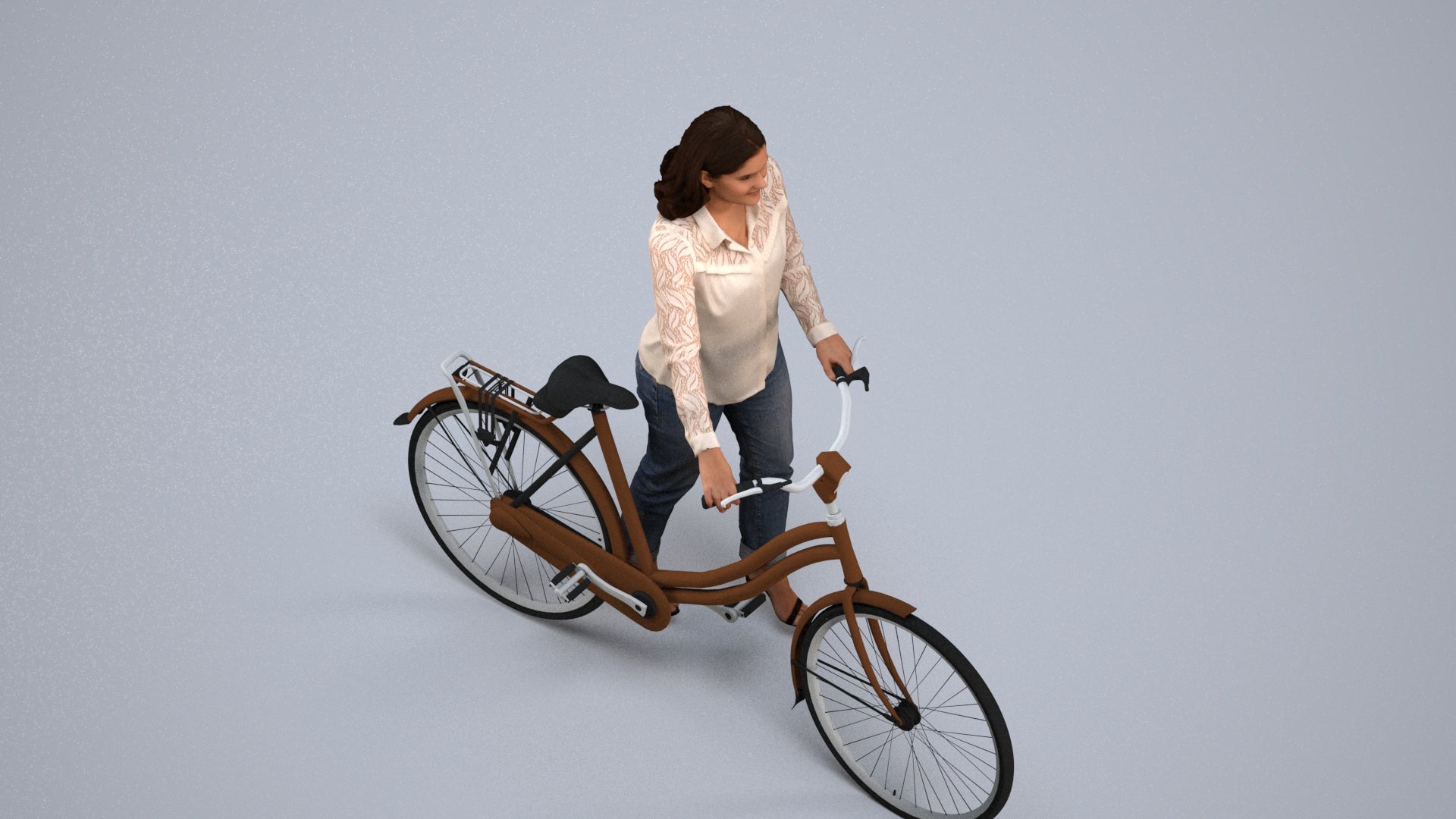 3D human model woman casual walking, photogrammetry scanned person for archviz, back view render