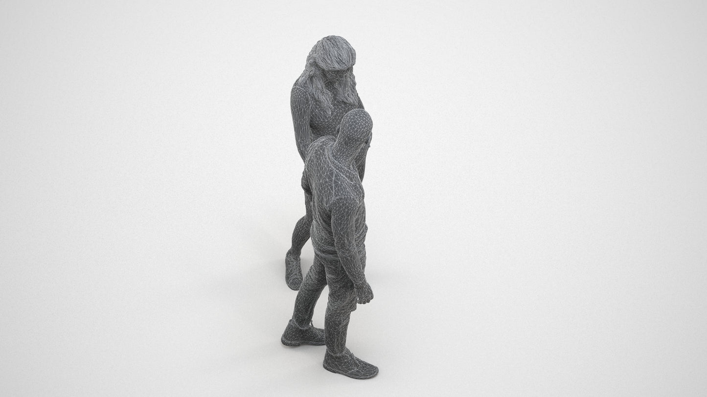 3D human model woman casual kids, photogrammetry scanned person for archviz, wireframe three-quarter view