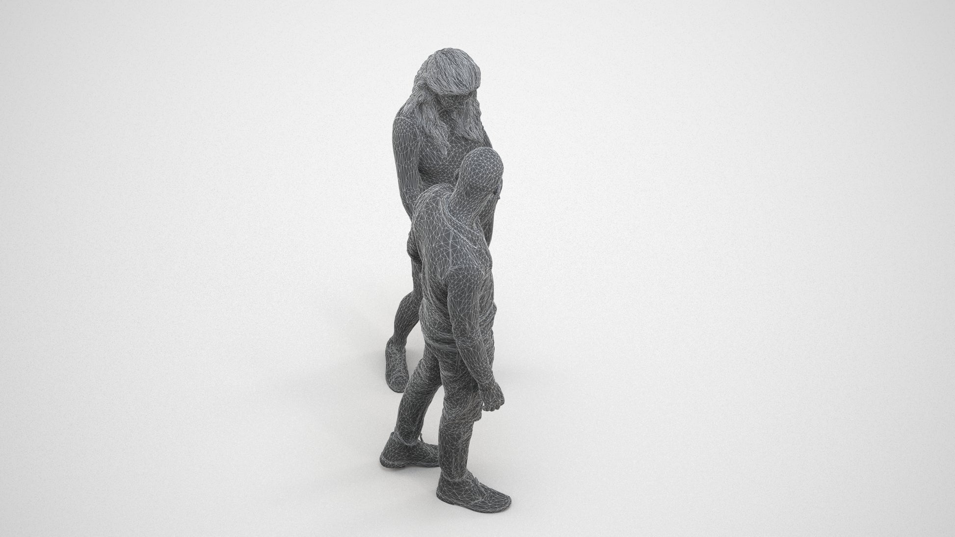 3D human model woman casual kids, photogrammetry scanned person for archviz, wireframe three-quarter view