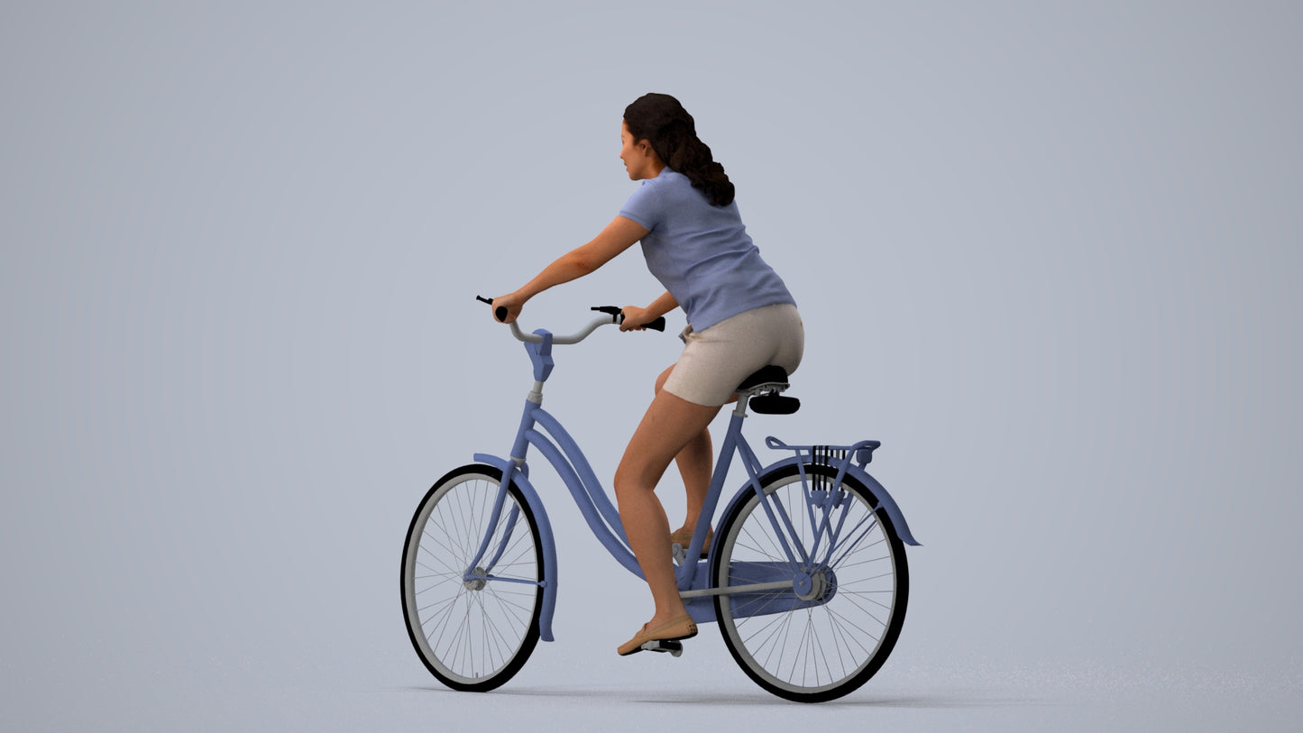 realistic 3D people woman casual cycling, render-ready for V-Ray and Corona, FBX OBJ, three-quarter view render