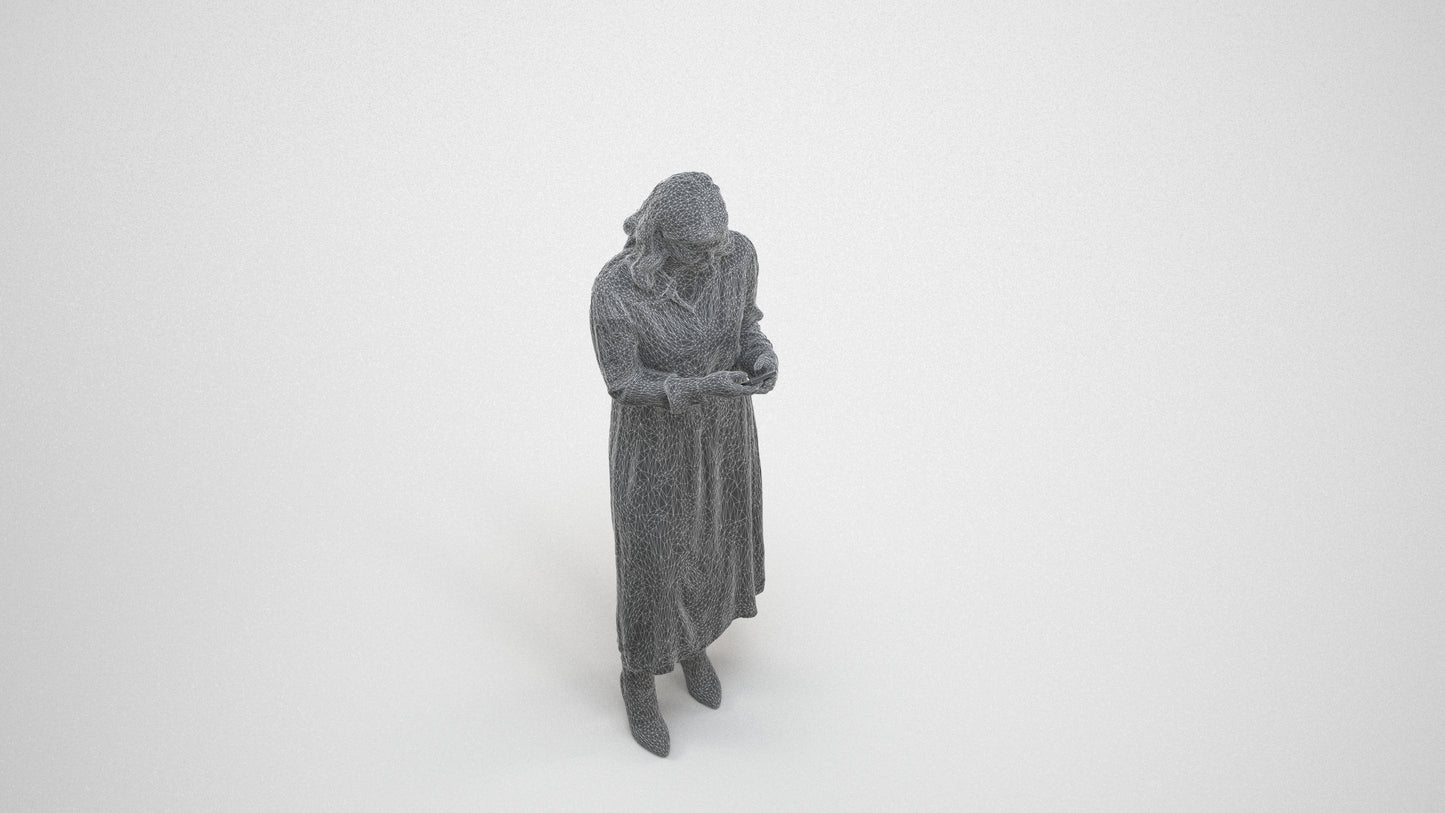 realistic 3D woman casual standing, scanned archviz people for Blender and 3ds Max, wireframe three-quarter view