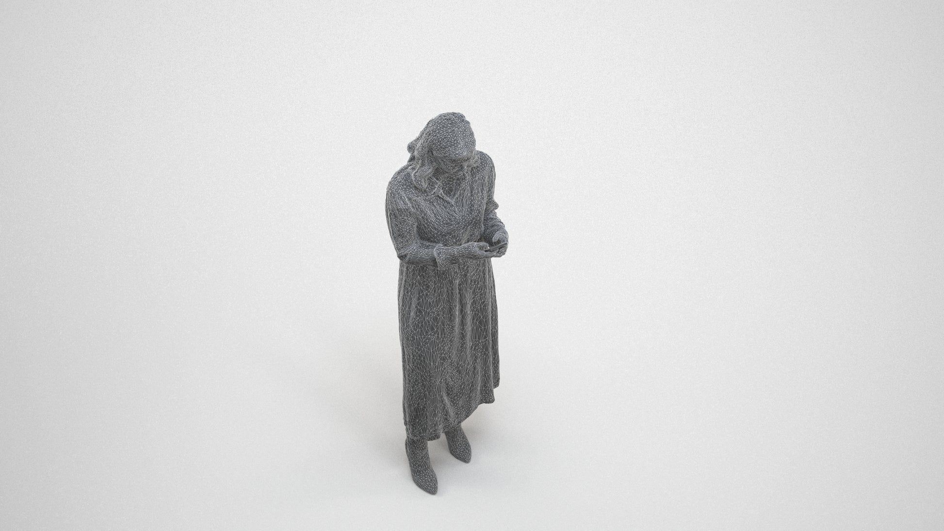 realistic 3D woman casual standing, scanned archviz people for Blender and 3ds Max, wireframe three-quarter view