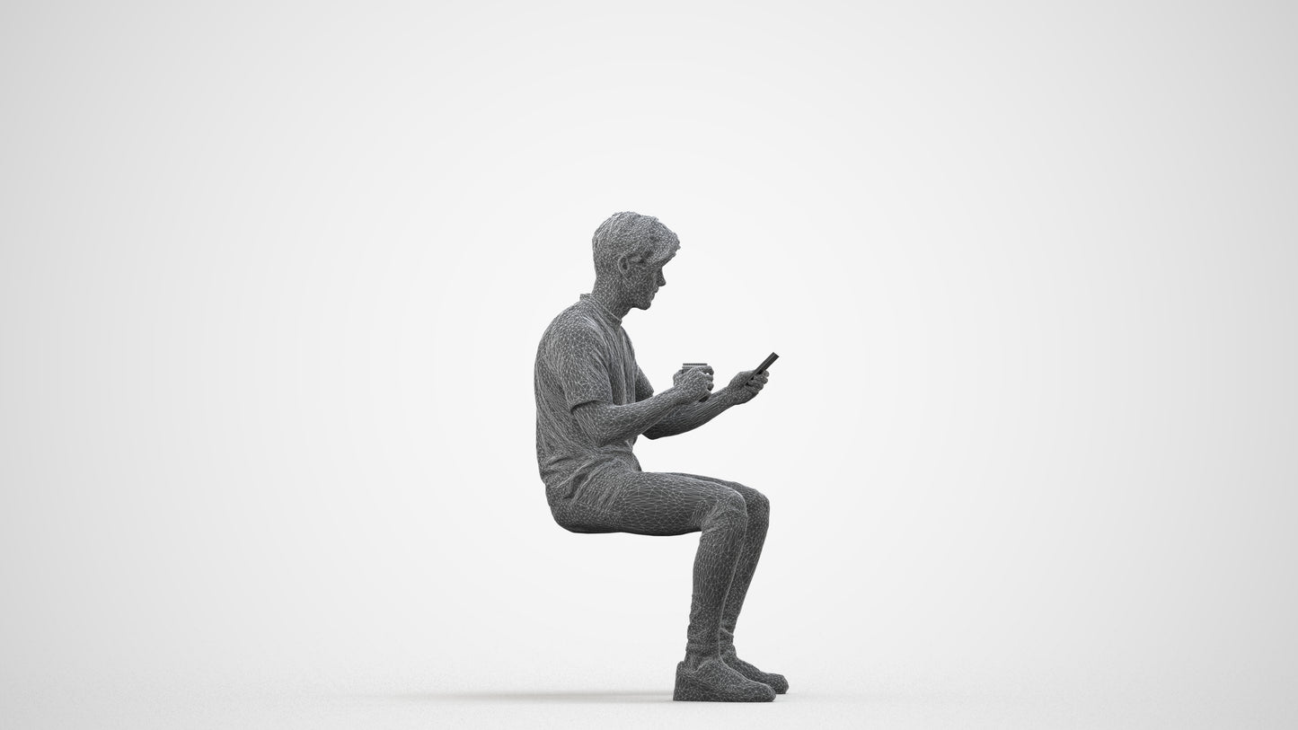 3D human model man casual sitting, photogrammetry scanned person for archviz, wireframe side view