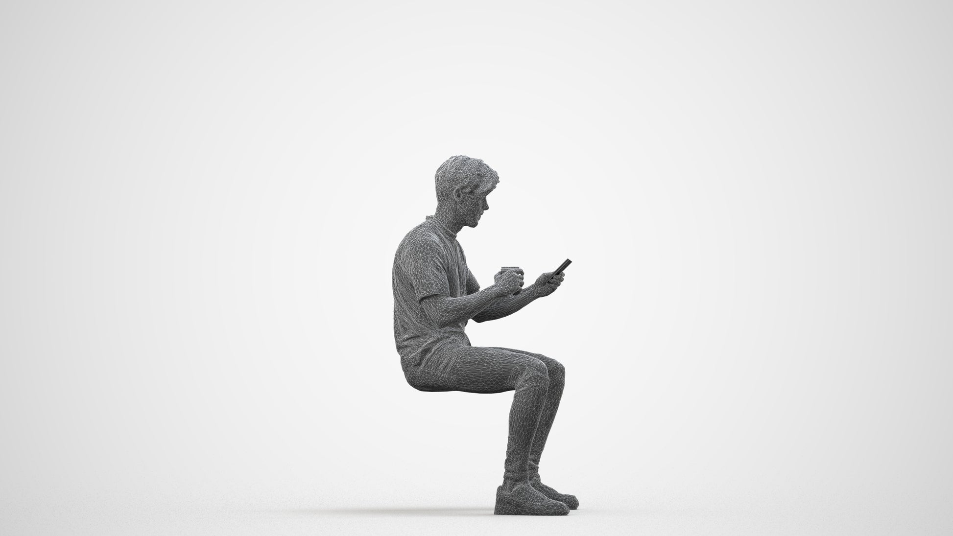 3D human model man casual sitting, photogrammetry scanned person for archviz, wireframe side view