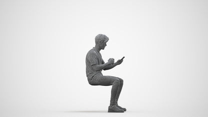 3D human model man casual sitting, photogrammetry scanned person for archviz, wireframe side view