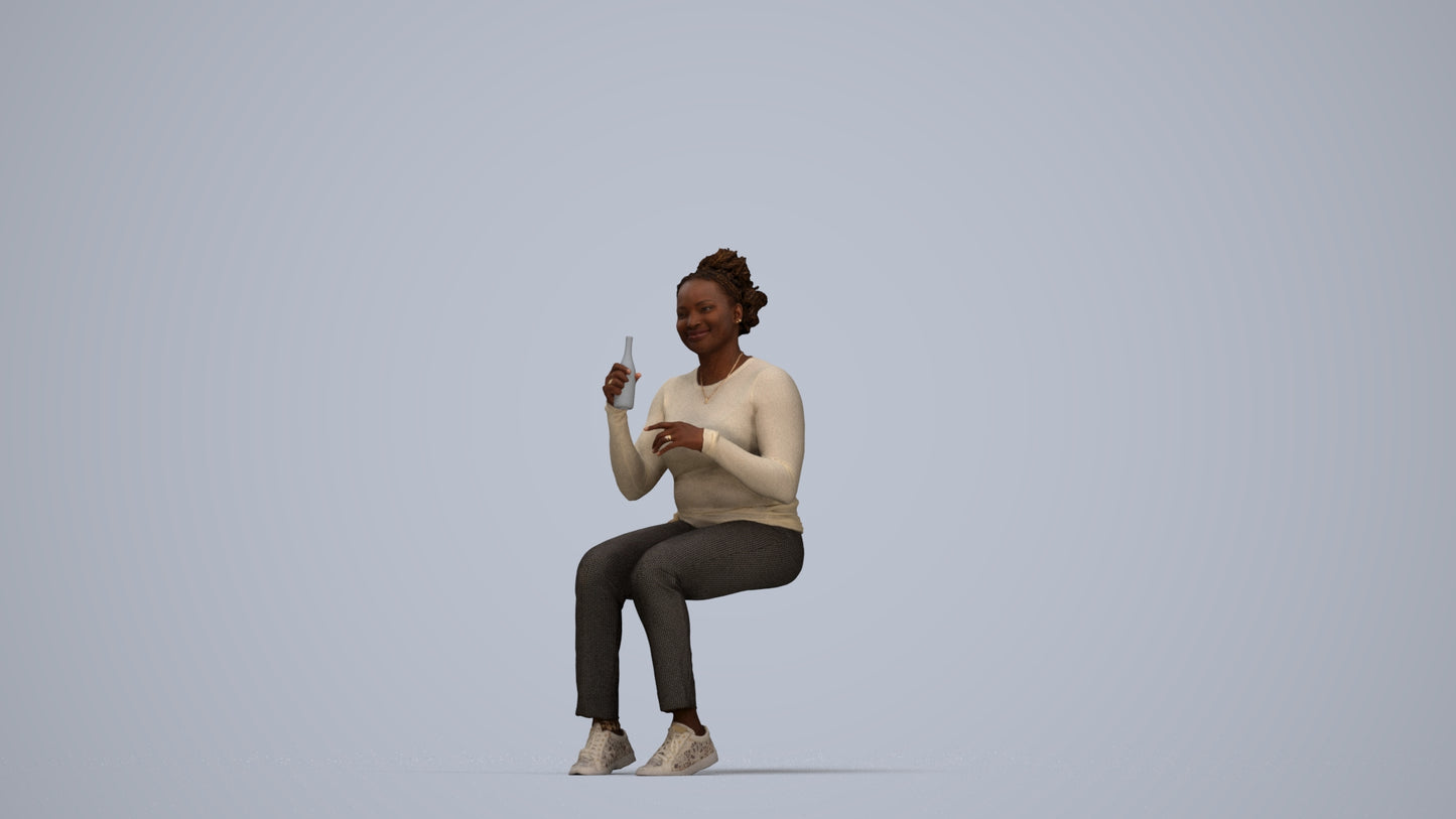 photogrammetry 3D woman casual sitting, realistic human model archviz FBX, top-down view render