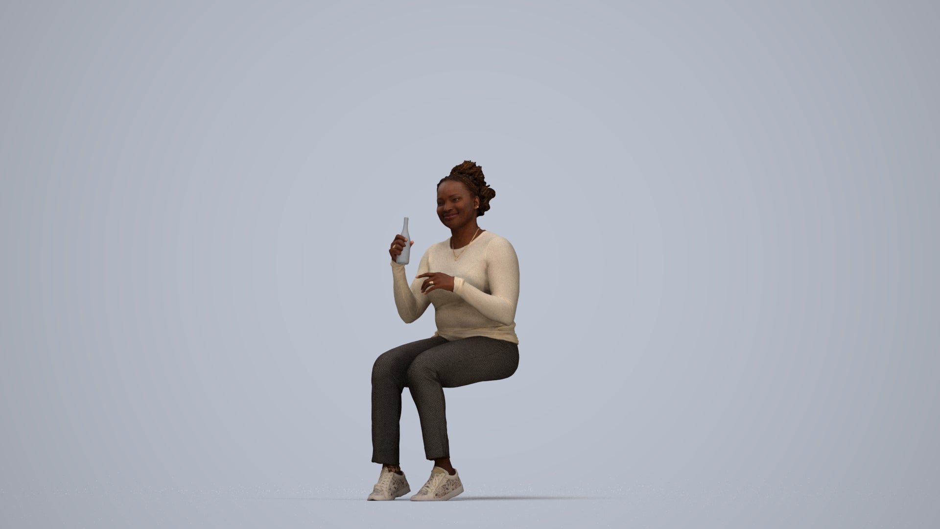 photogrammetry 3D woman casual sitting, realistic human model archviz FBX, top-down view render
