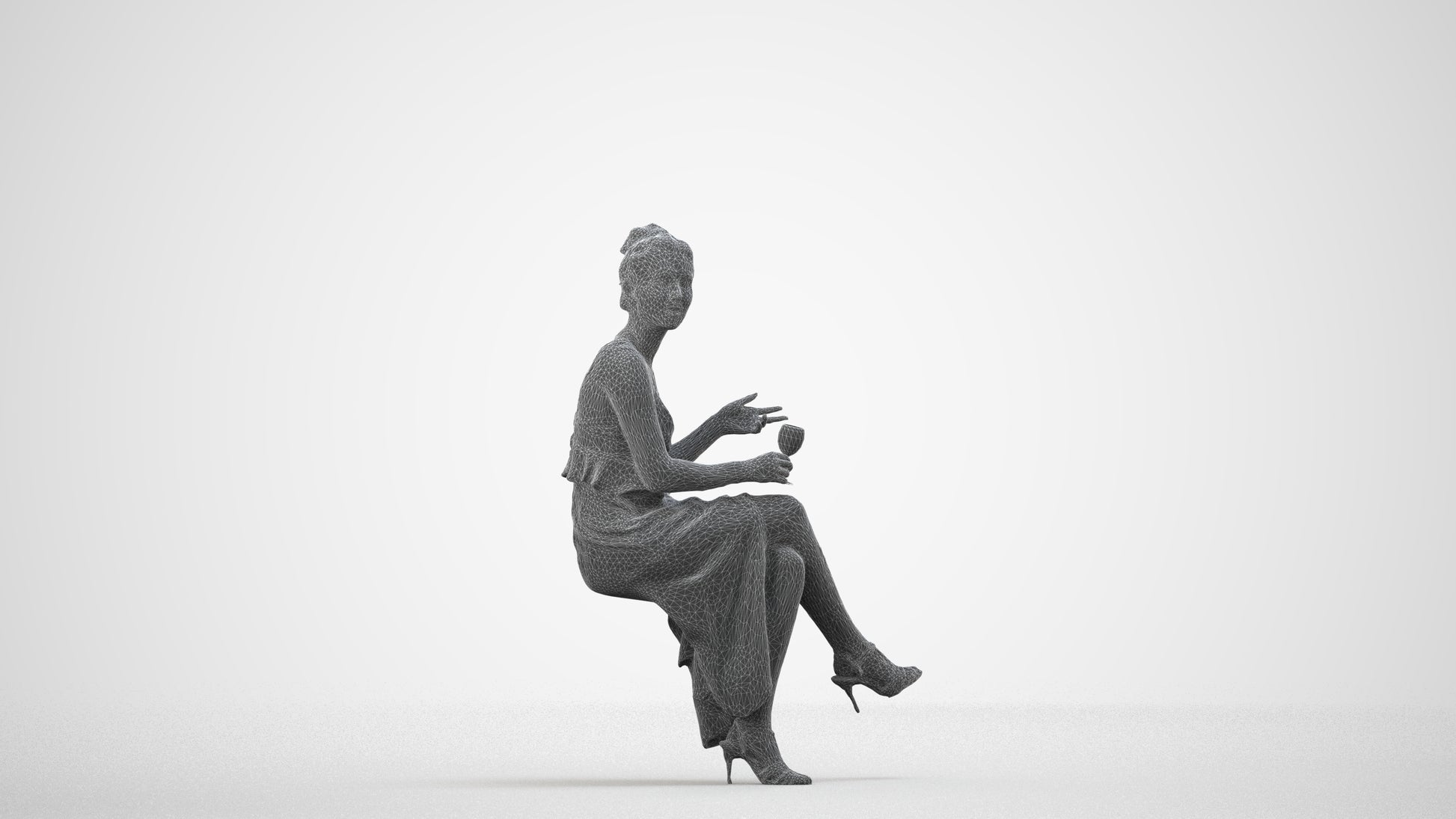 3D scanned woman formalaffairs formal, photorealistic archviz people for Enscape and SketchUp, wireframe side view
