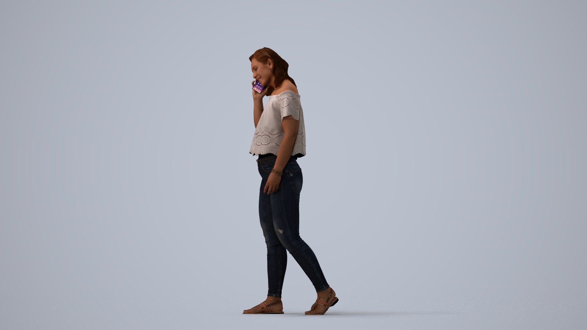 realistic 3D woman casual walking, scanned archviz people for Blender and 3ds Max, three-quarter view render