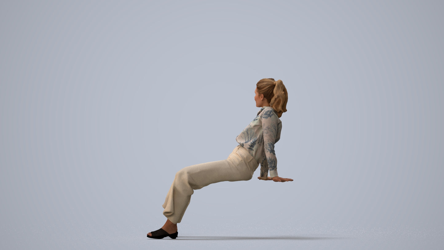 3D scanned woman sitting casual, photorealistic archviz people for Enscape and SketchUp, three-quarter view render