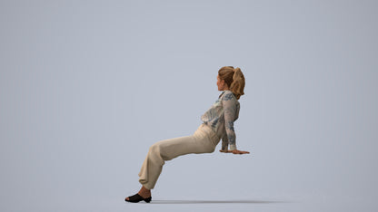 3D scanned woman sitting casual, photorealistic archviz people for Enscape and SketchUp, three-quarter view render