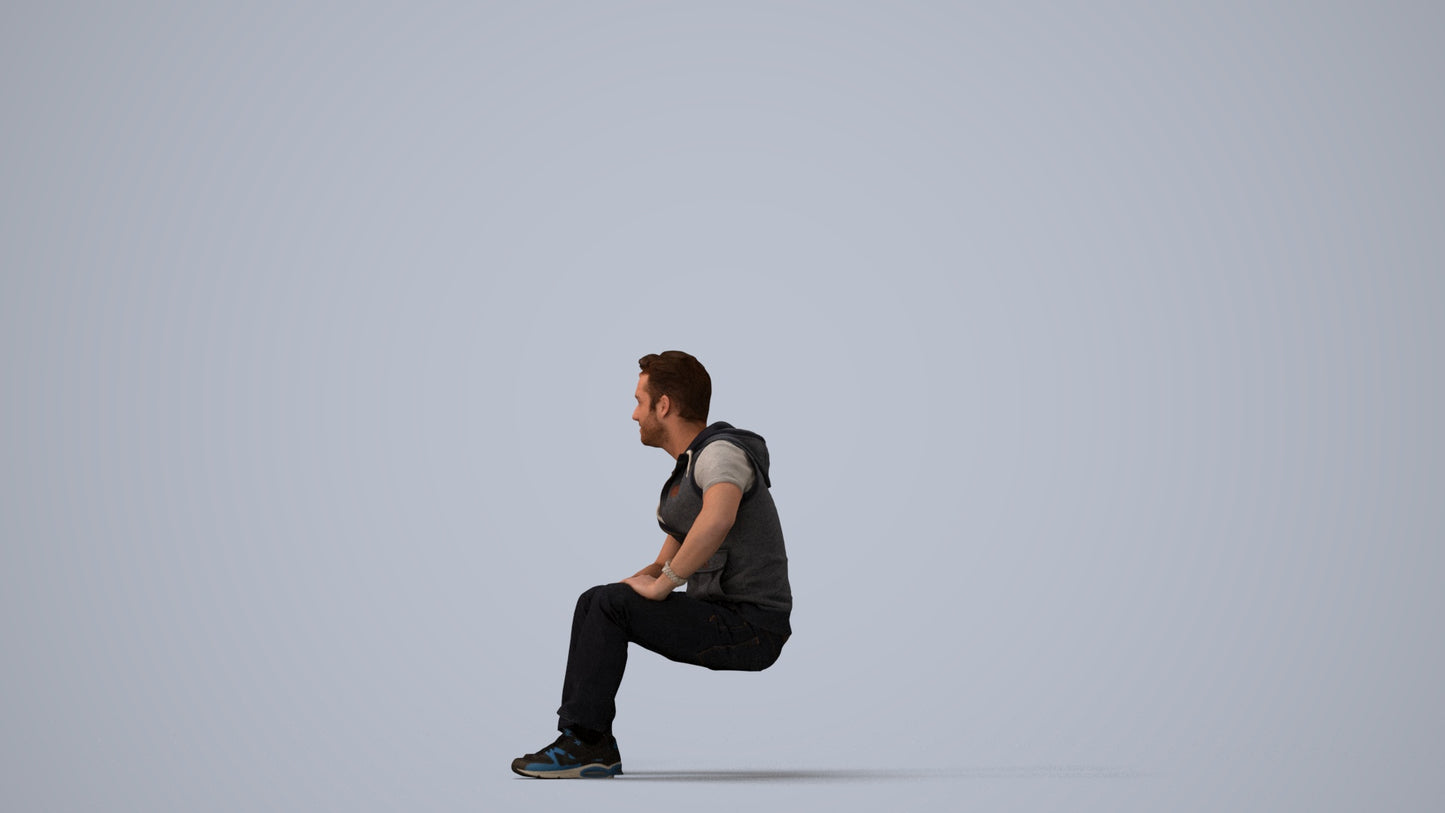 3D people model man casual sitting, scanned human for 3ds Max rendering, three-quarter view render