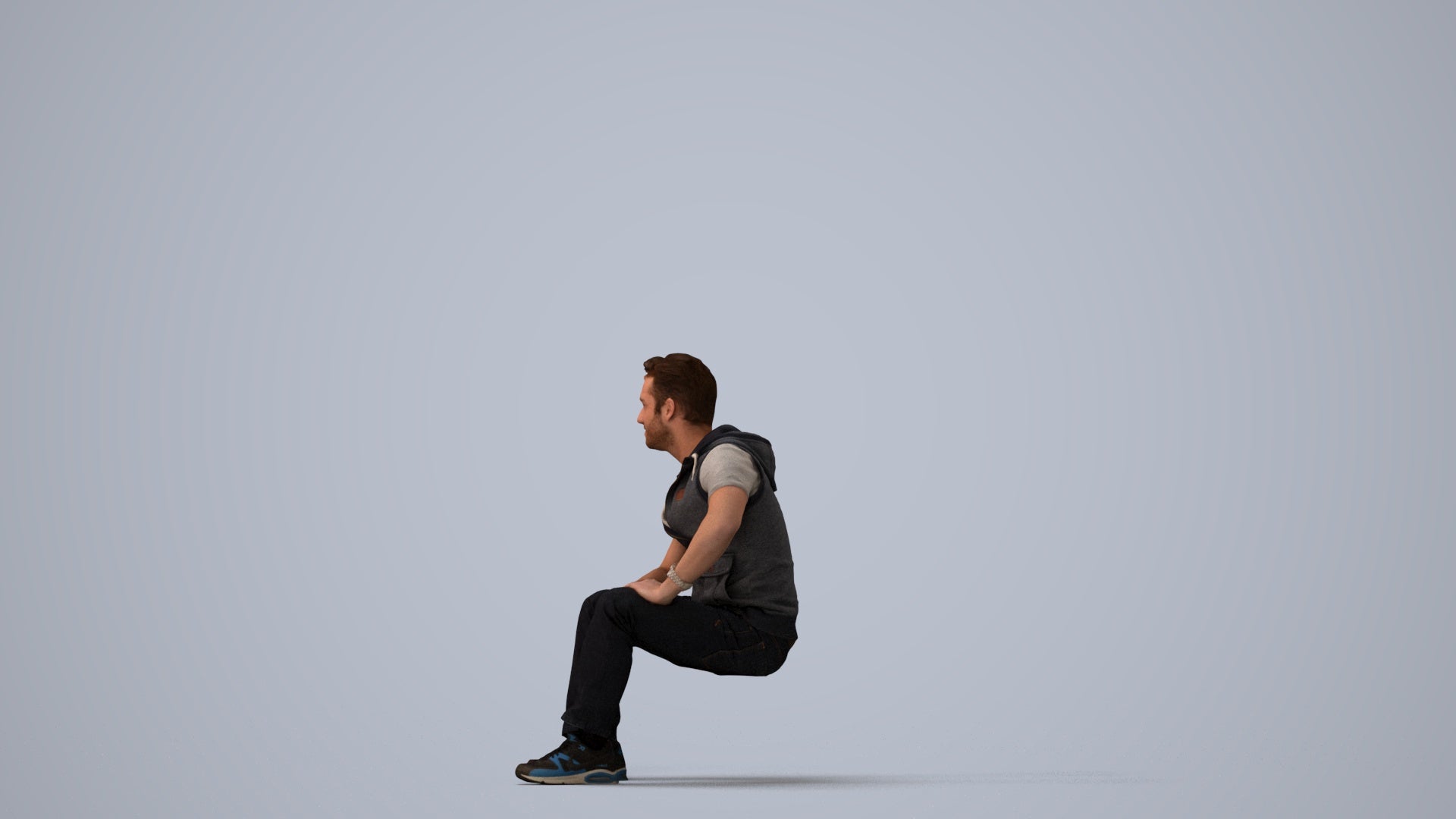 3D people model man casual sitting, scanned human for 3ds Max rendering, three-quarter view render