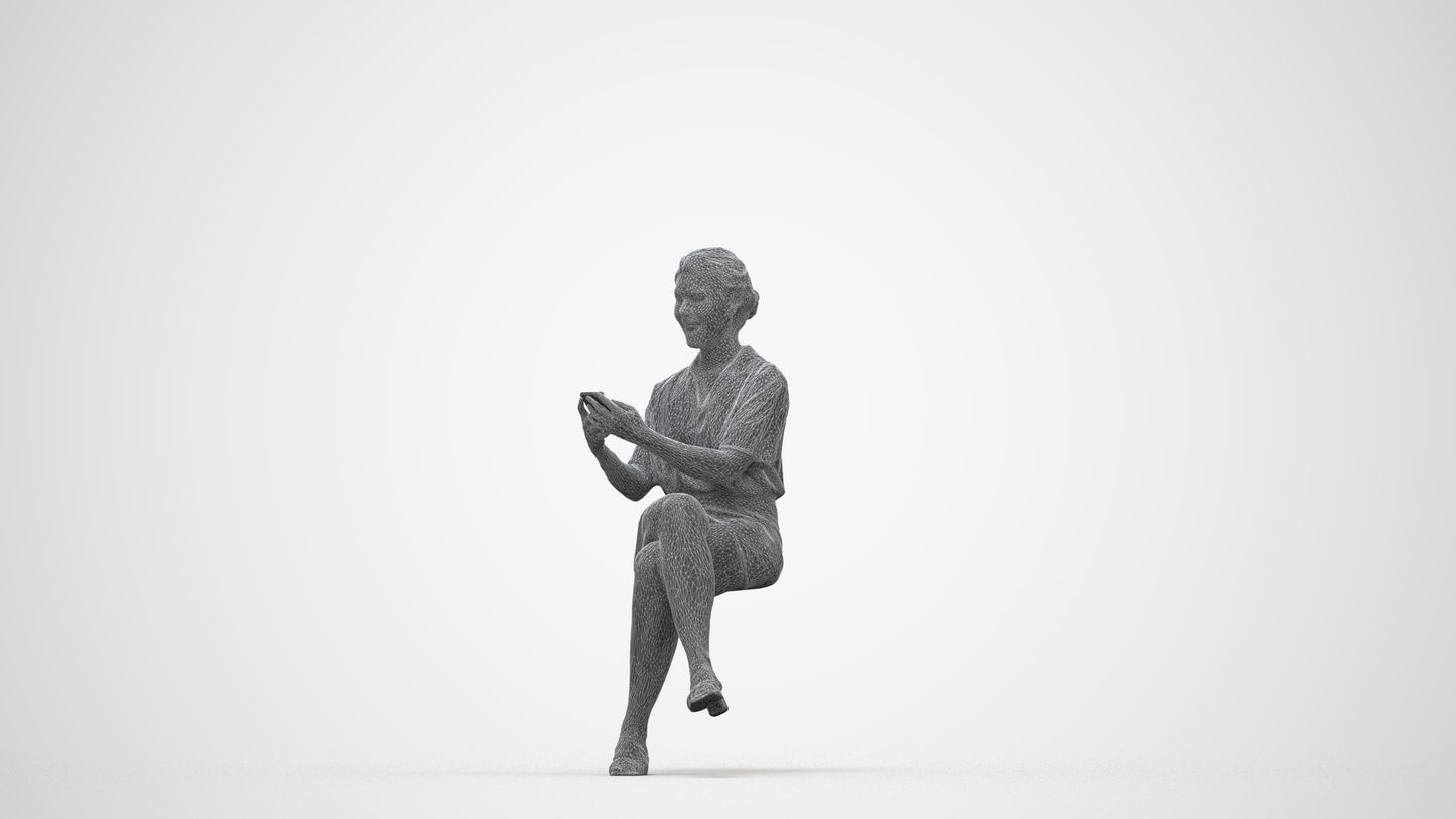 3D scanned woman sitting casual, photorealistic archviz people for Enscape and SketchUp, wireframe back view