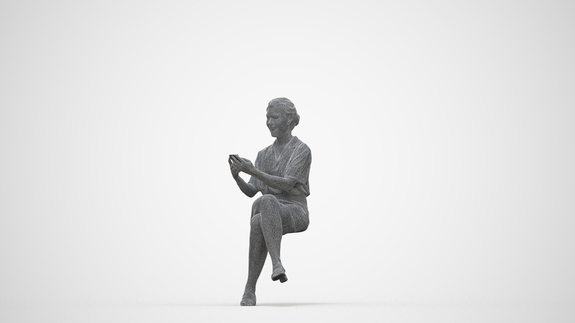 3D scanned woman sitting casual, photorealistic archviz people for Enscape and SketchUp, wireframe back view