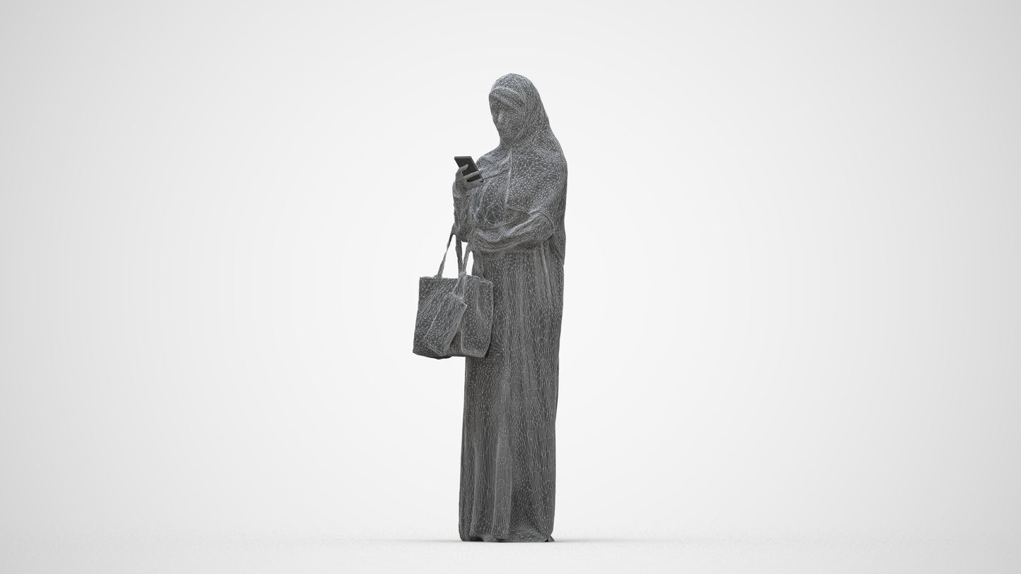 3D human model woman standing, photogrammetry scanned person for archviz, wireframe back view