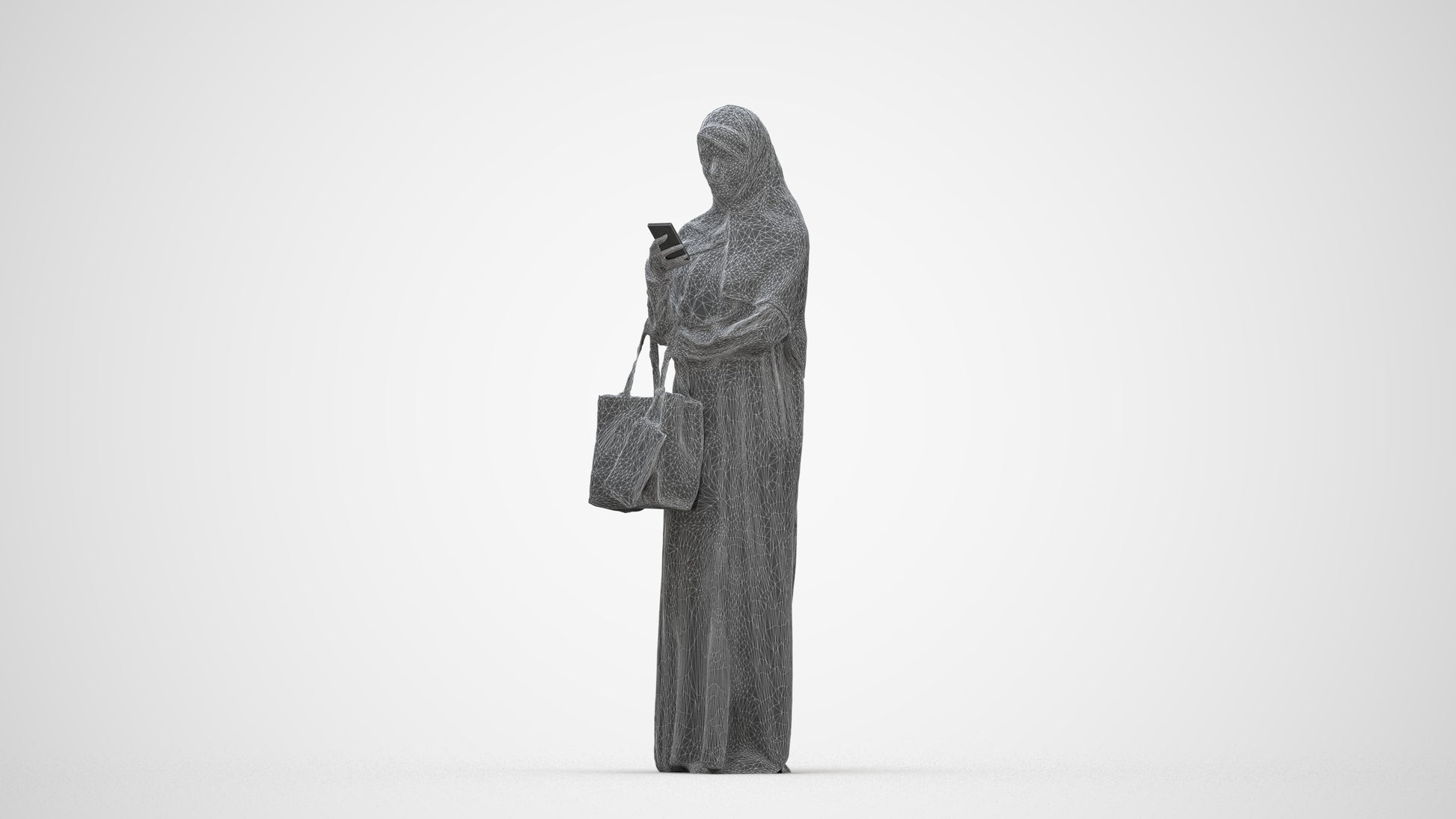 3D human model woman standing, photogrammetry scanned person for archviz, wireframe back view