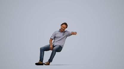 3D human model man casual sitting, photogrammetry scanned person for archviz, top-down view render