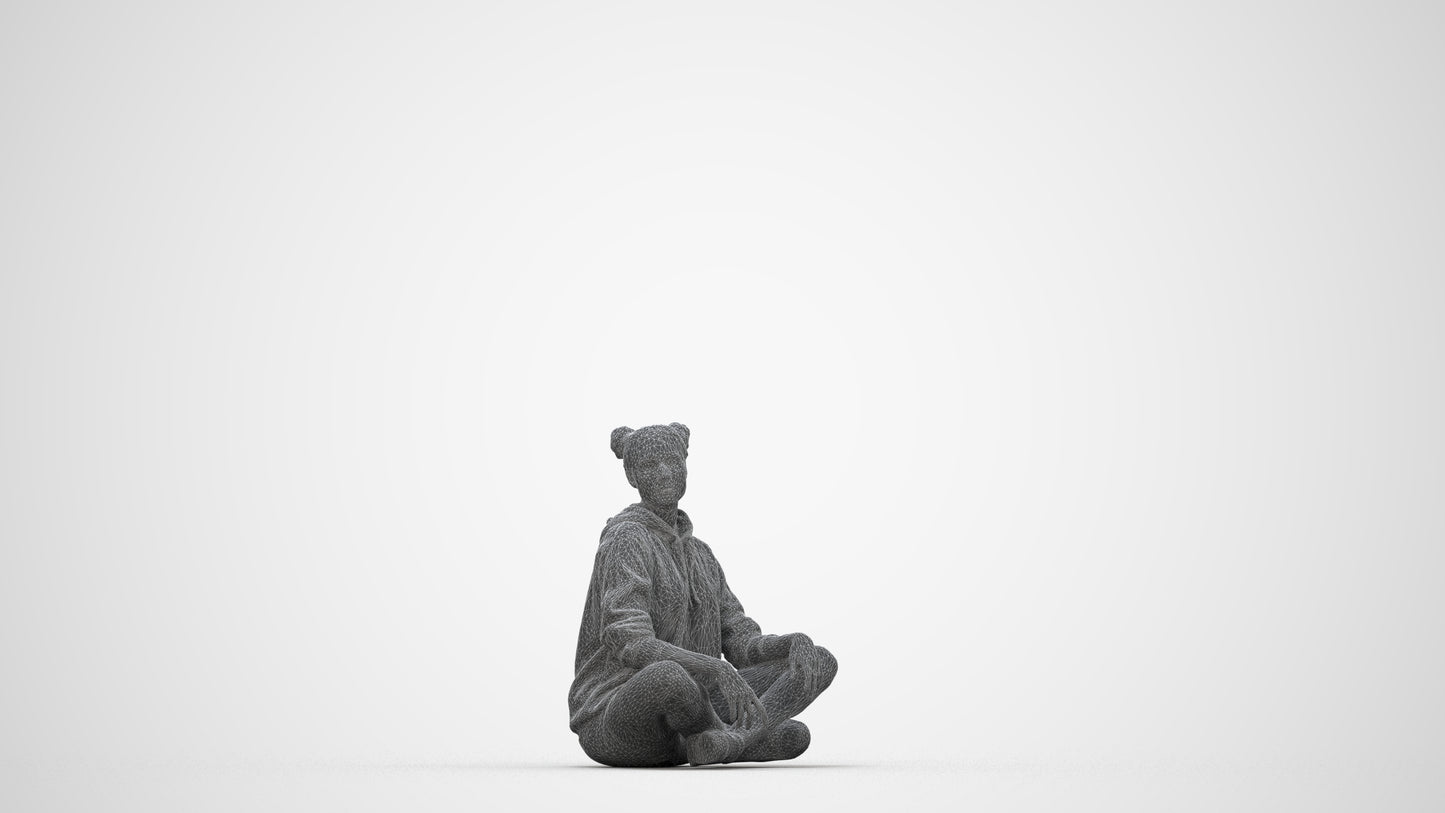 photogrammetry 3D woman casual sitting, realistic human model archviz FBX, wireframe back view