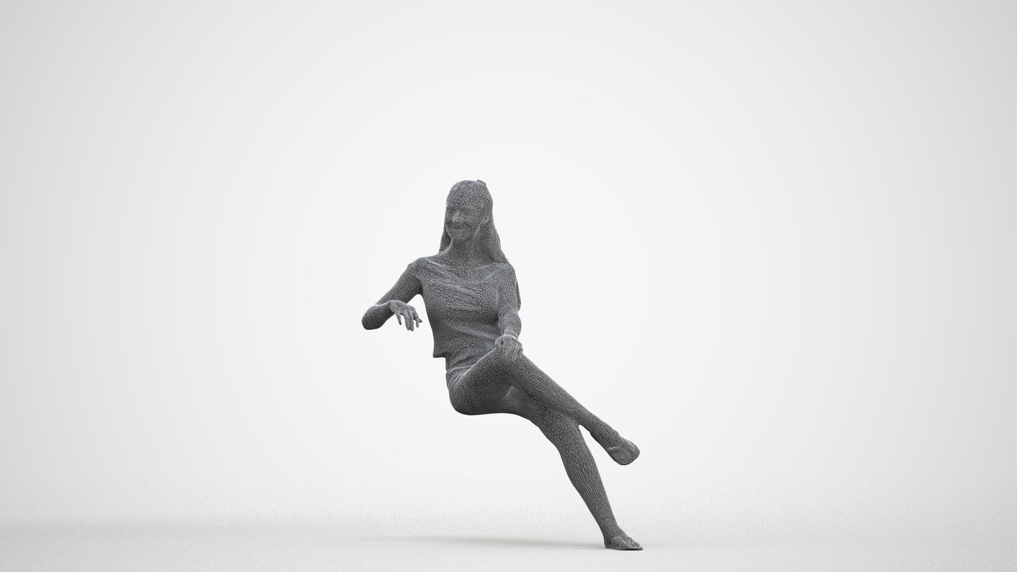 scanned 3D woman casual sitting, photogrammetry people for Enscape and V-Ray, three-quarter front view render