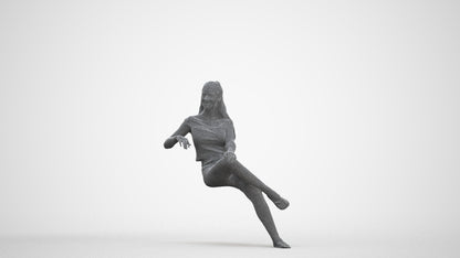 scanned 3D woman casual sitting, photogrammetry people for Enscape and V-Ray, three-quarter front view render