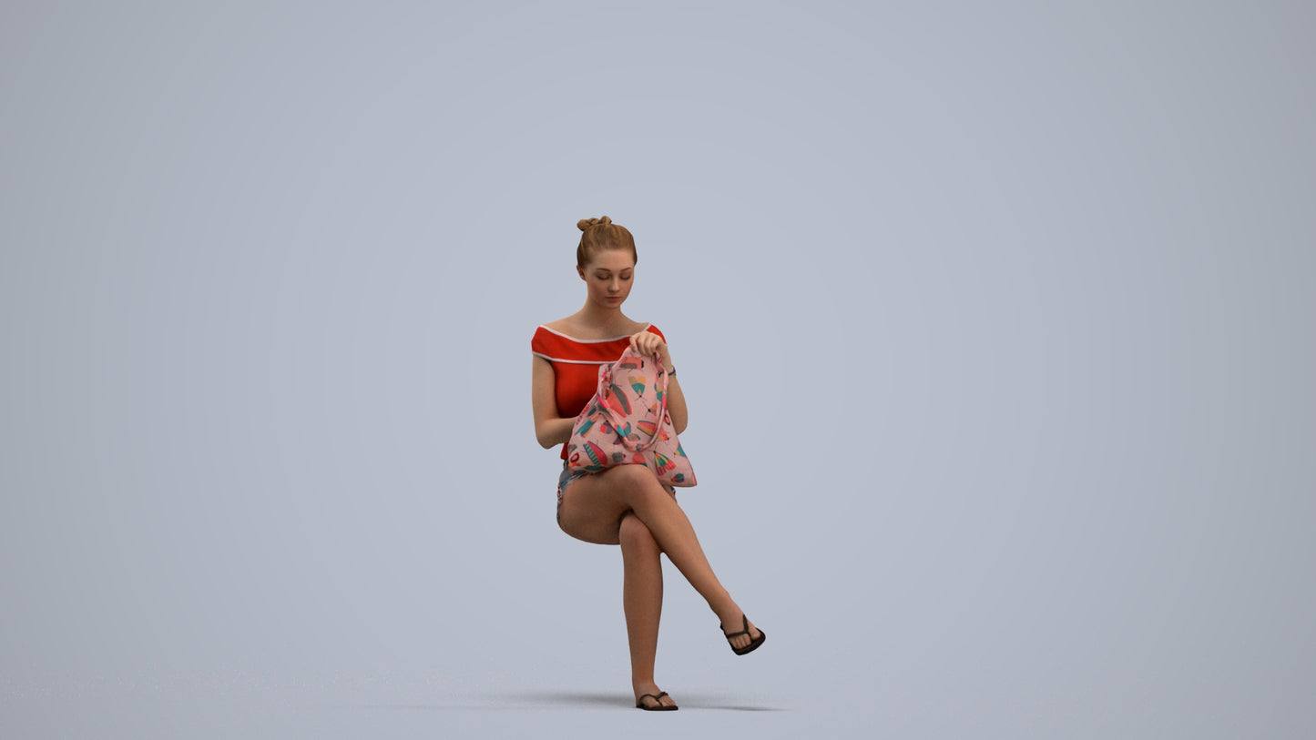 3D human model girl casual sitting, photogrammetry scanned person for archviz, standing pose render