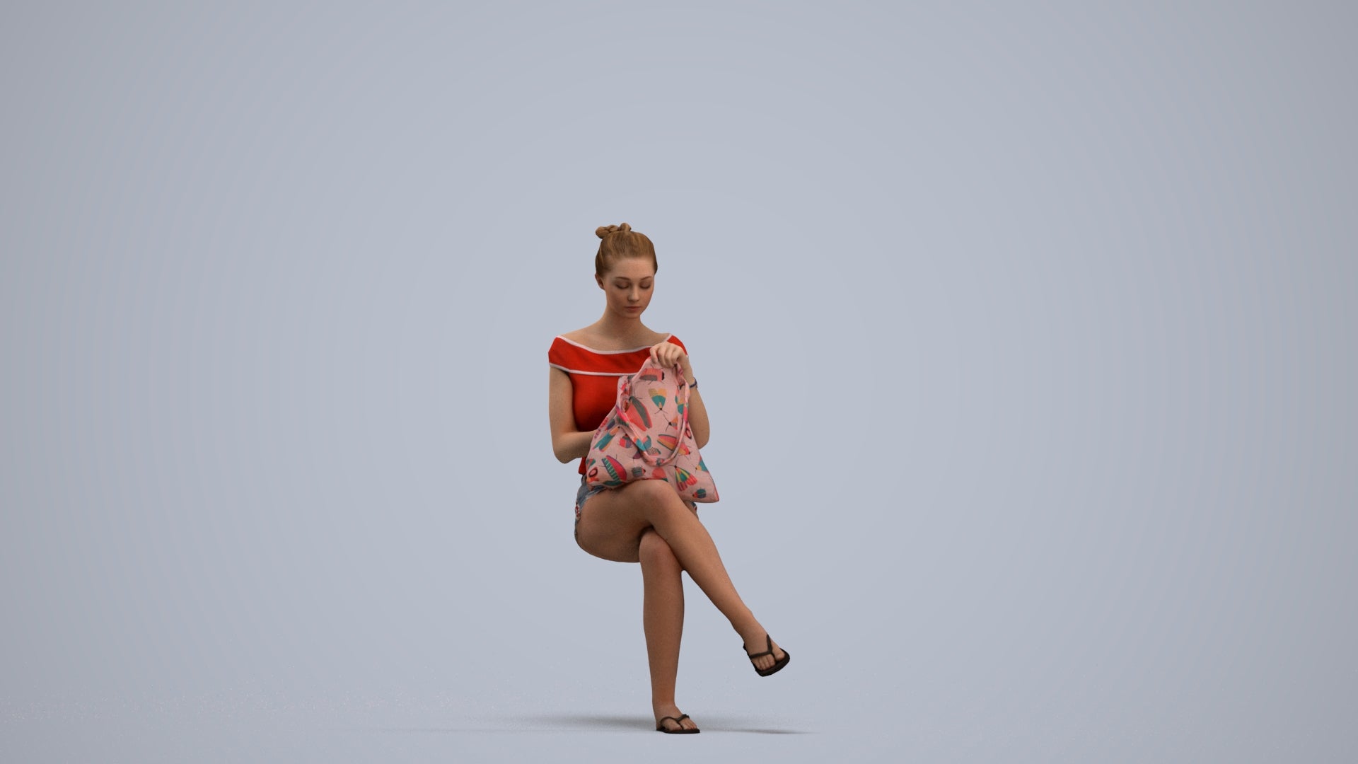 3D human model girl casual sitting, photogrammetry scanned person for archviz, standing pose render