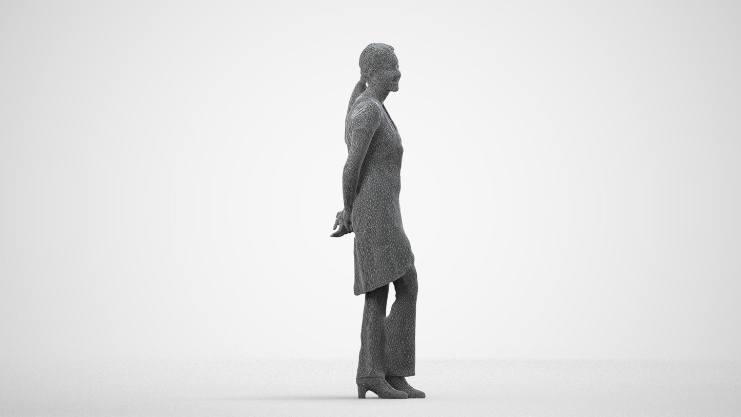 scanned 3D woman hospitality, photogrammetry people for Enscape and V-Ray, wireframe side view