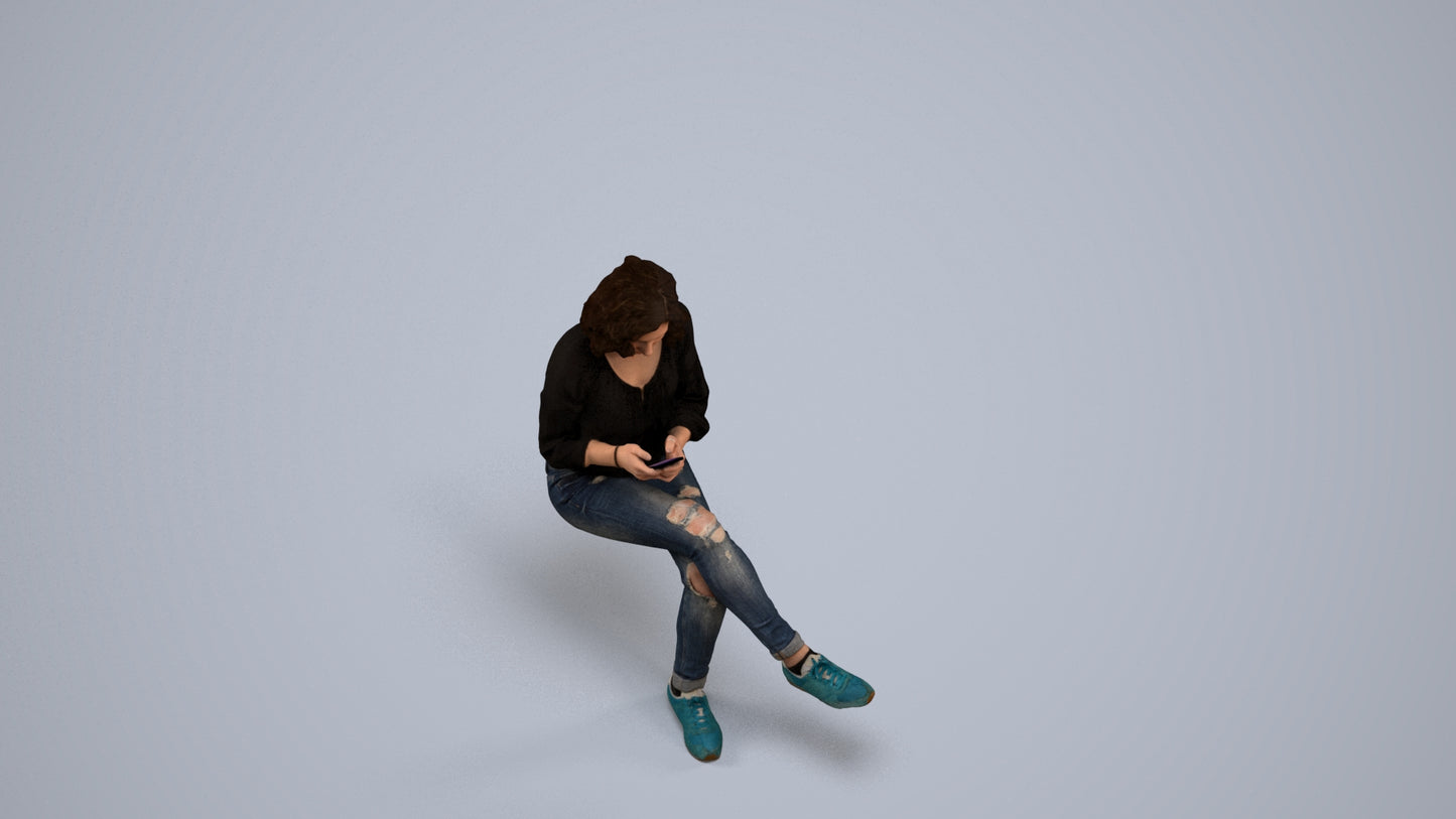 3D human model woman casual sitting, photogrammetry scanned person for archviz, back view render