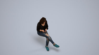 3D human model woman casual sitting, photogrammetry scanned person for archviz, back view render