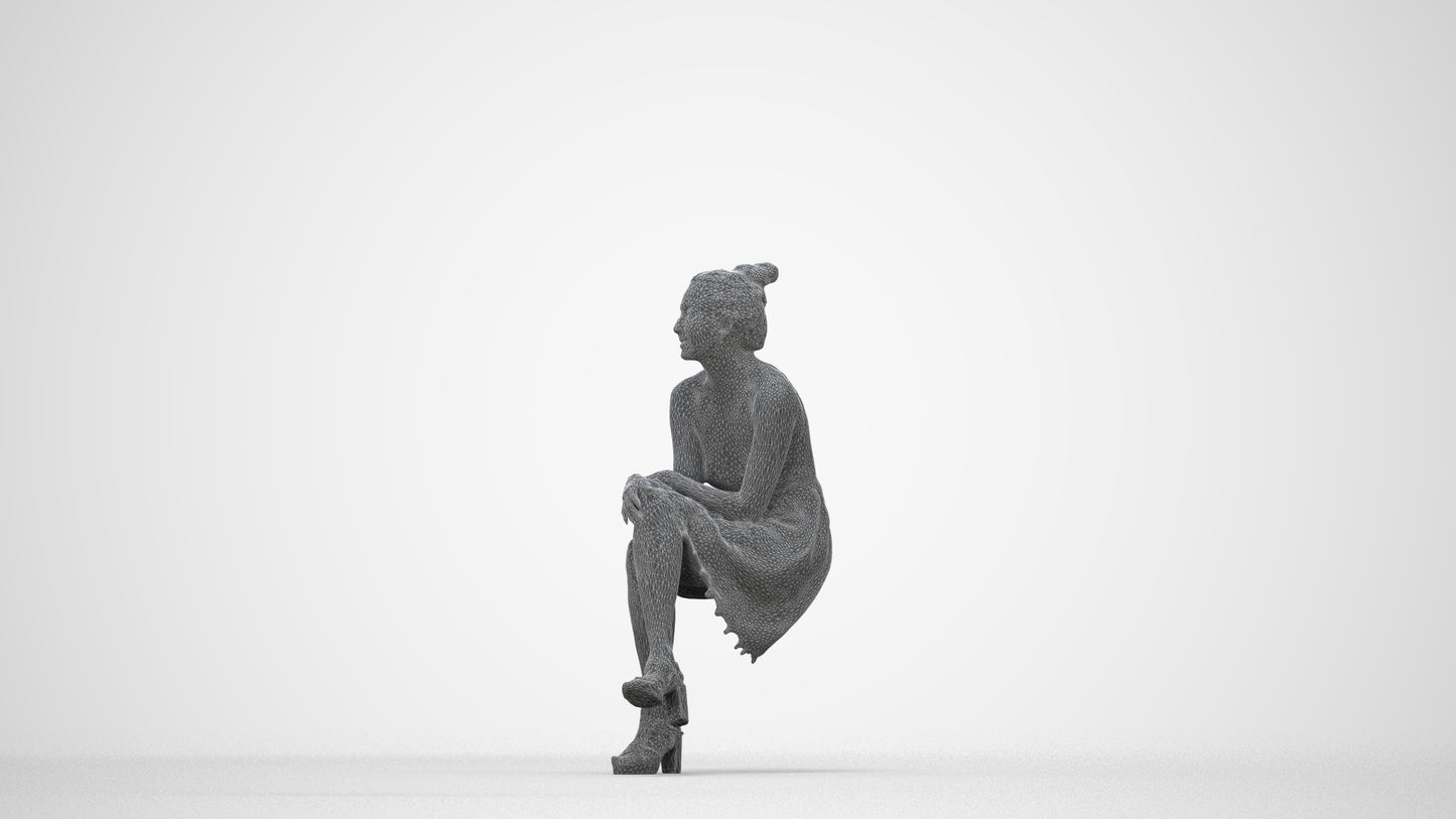 photogrammetry 3D woman formal sitting, realistic human model archviz FBX, wireframe back view