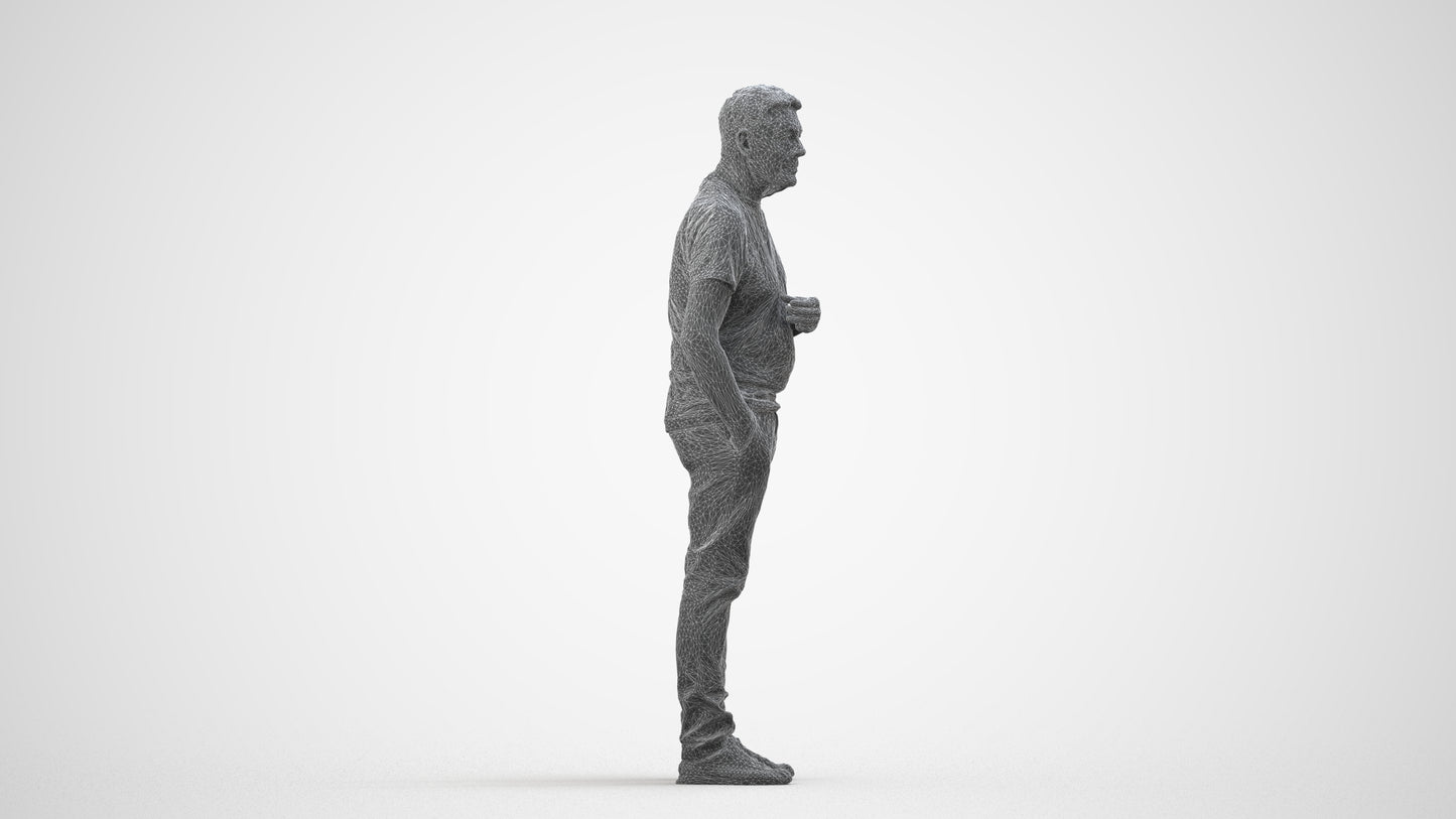 3D human model senior man casual standing, photogrammetry scanned person for archviz, wireframe side view